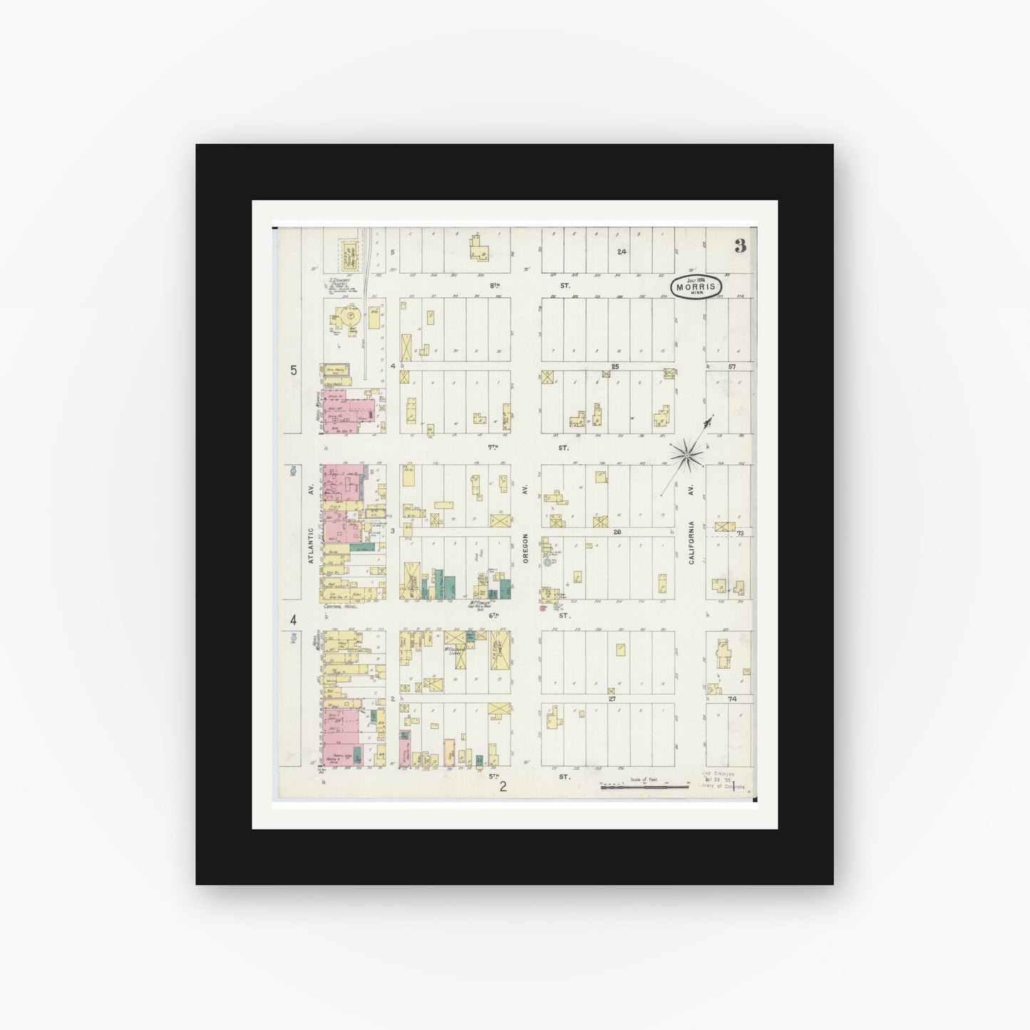 Old map wall art mockup — black gallery frame with white mat — Sanborn Fire Insurance Map from Morris, Stevens County, Minnesota (1896), Sheet #0003