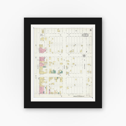 Old map wall art mockup — black gallery frame with white mat — Sanborn Fire Insurance Map from Morris, Stevens County, Minnesota (1896), Sheet #0003