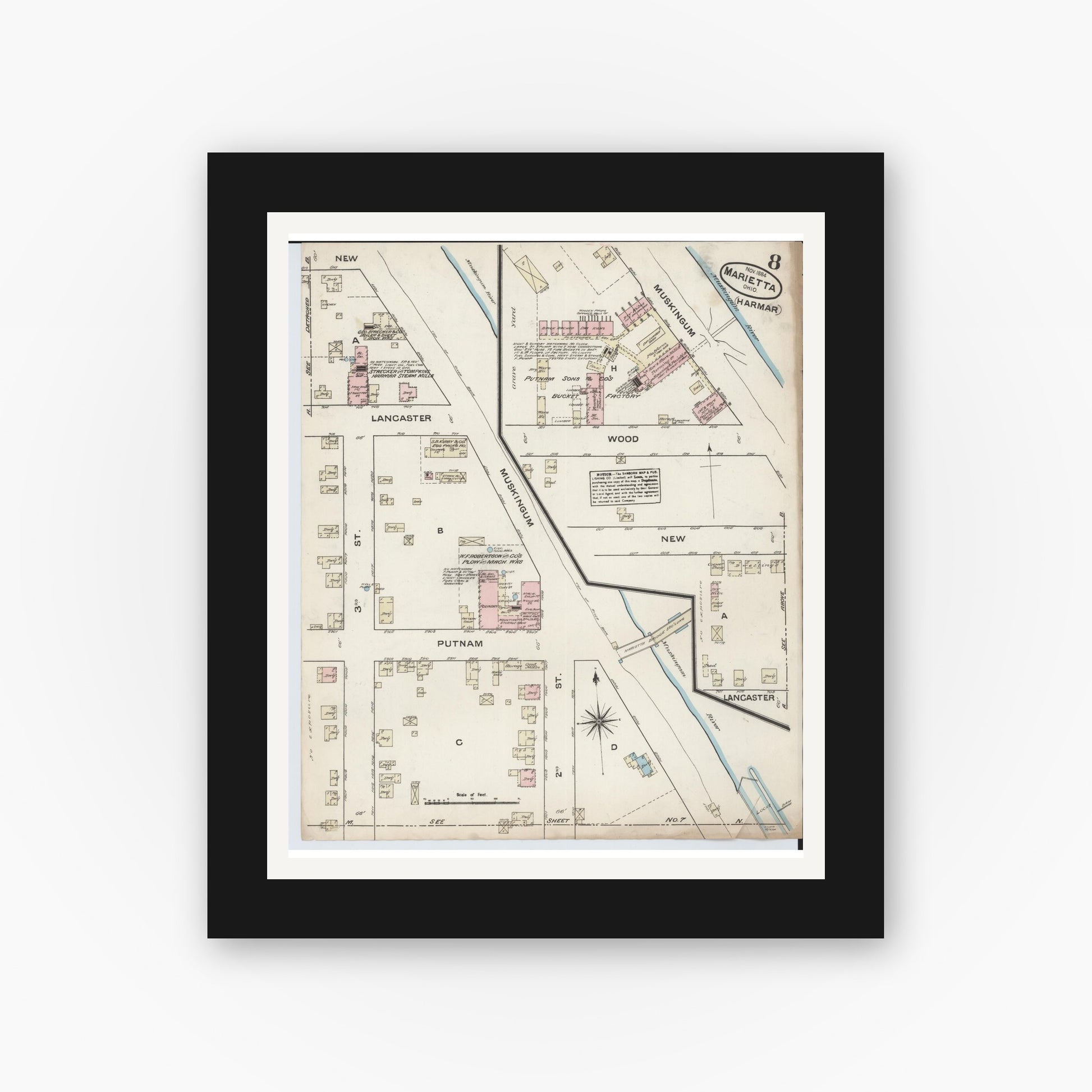 Old map wall art mockup — black gallery frame with white mat — Sanborn Fire Insurance Map from Marietta, Washington County, Ohio (1884), Sheet #0008
