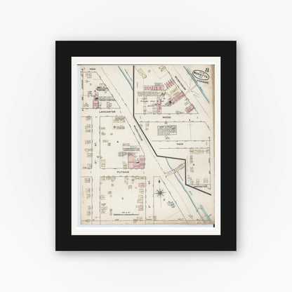 Old map wall art mockup — black gallery frame with white mat — Sanborn Fire Insurance Map from Marietta, Washington County, Ohio (1884), Sheet #0008