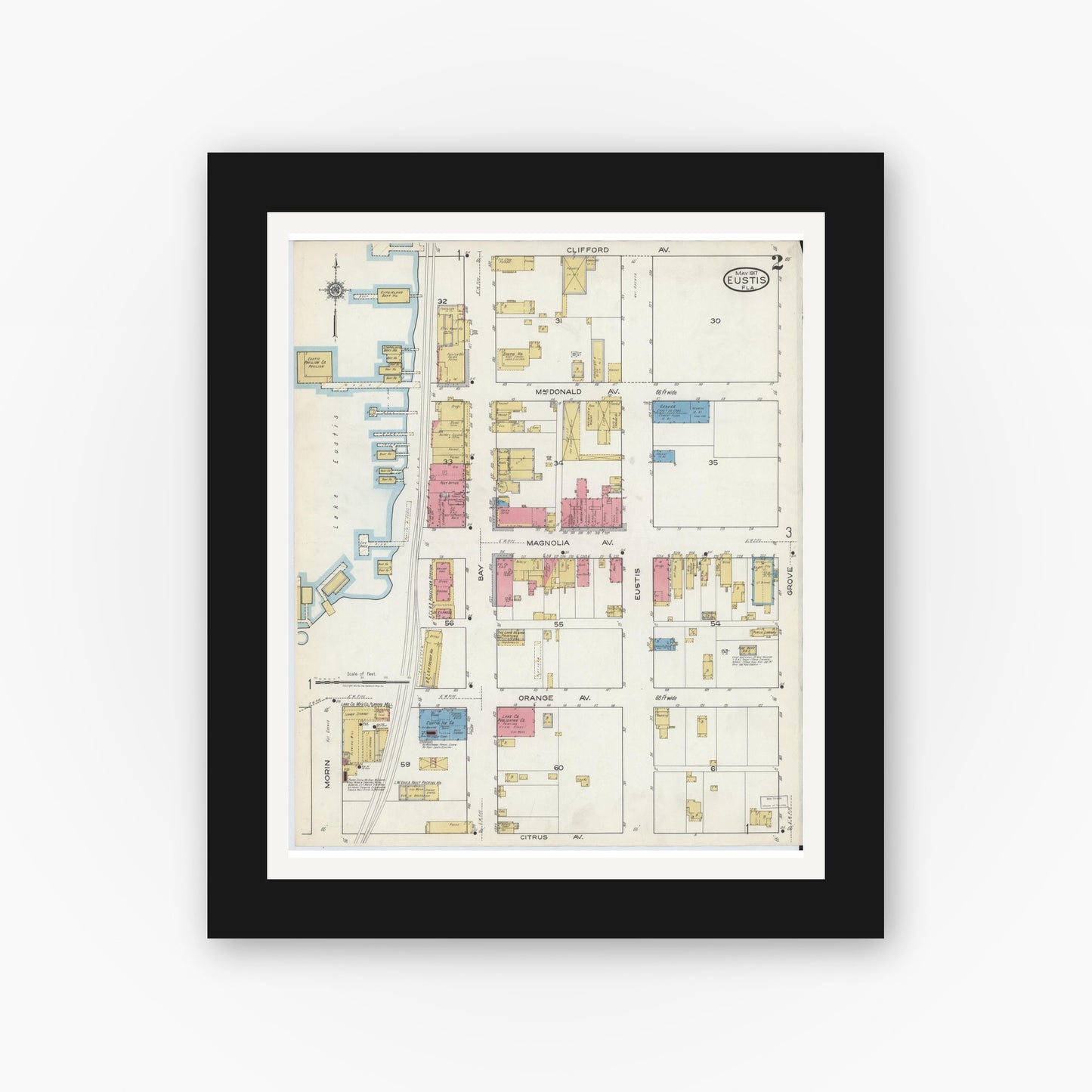 Old map wall art mockup — black gallery frame with white mat — Sanborn Fire Insurance Map from Eustis, Lake County, Florida (1917), Sheet #0002
