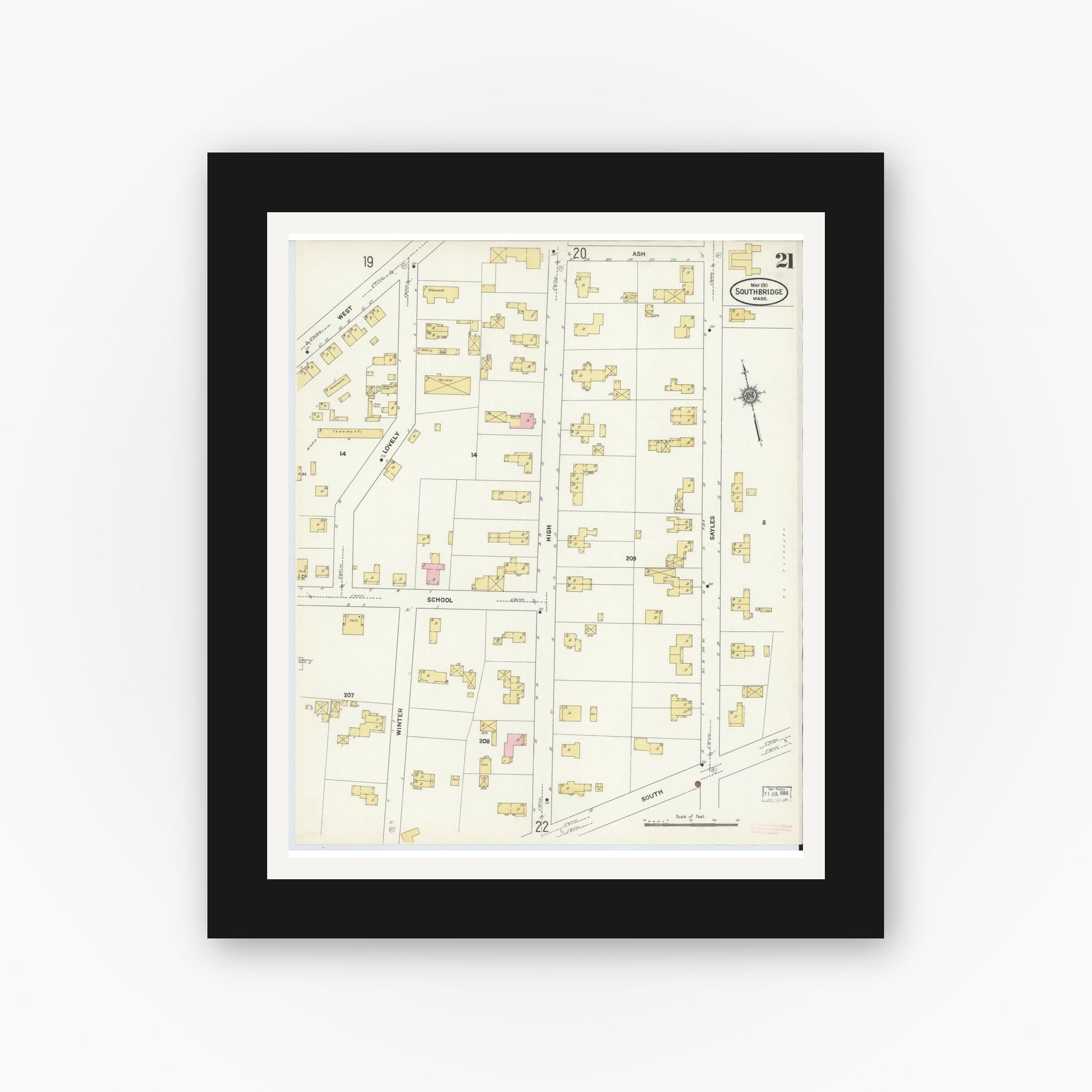 Old map wall art mockup — black gallery frame with white mat — Sanborn Fire Insurance Map from Southbridge, Worcester County, Massachusetts (1911), Sheet #0021