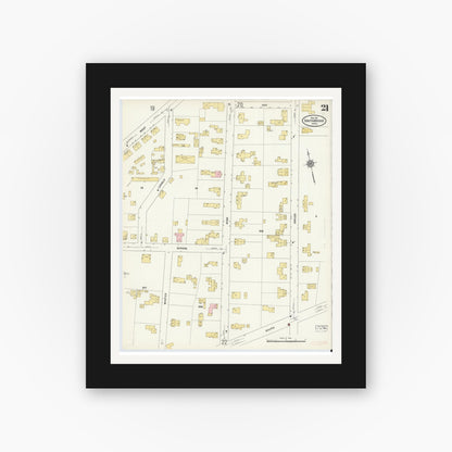 Old map wall art mockup — black gallery frame with white mat — Sanborn Fire Insurance Map from Southbridge, Worcester County, Massachusetts (1911), Sheet #0021