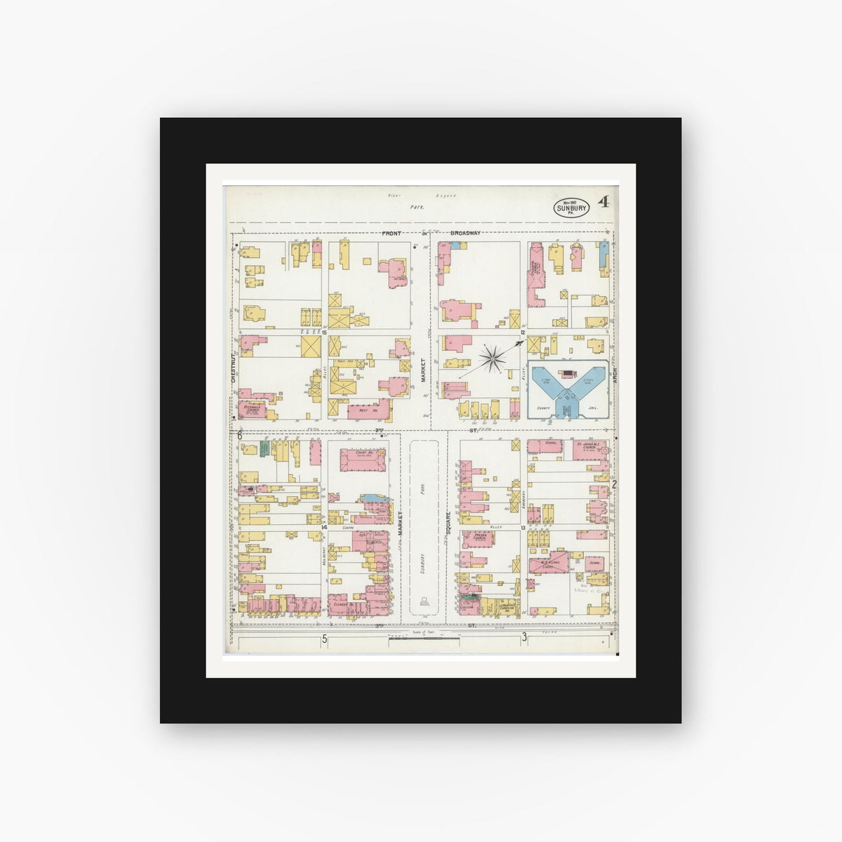 Old map wall art mockup — black gallery frame with white mat — Sanborn Fire Insurance Map from Sunbury, Northumberland County, Pennsylvania (1901), Sheet #0004