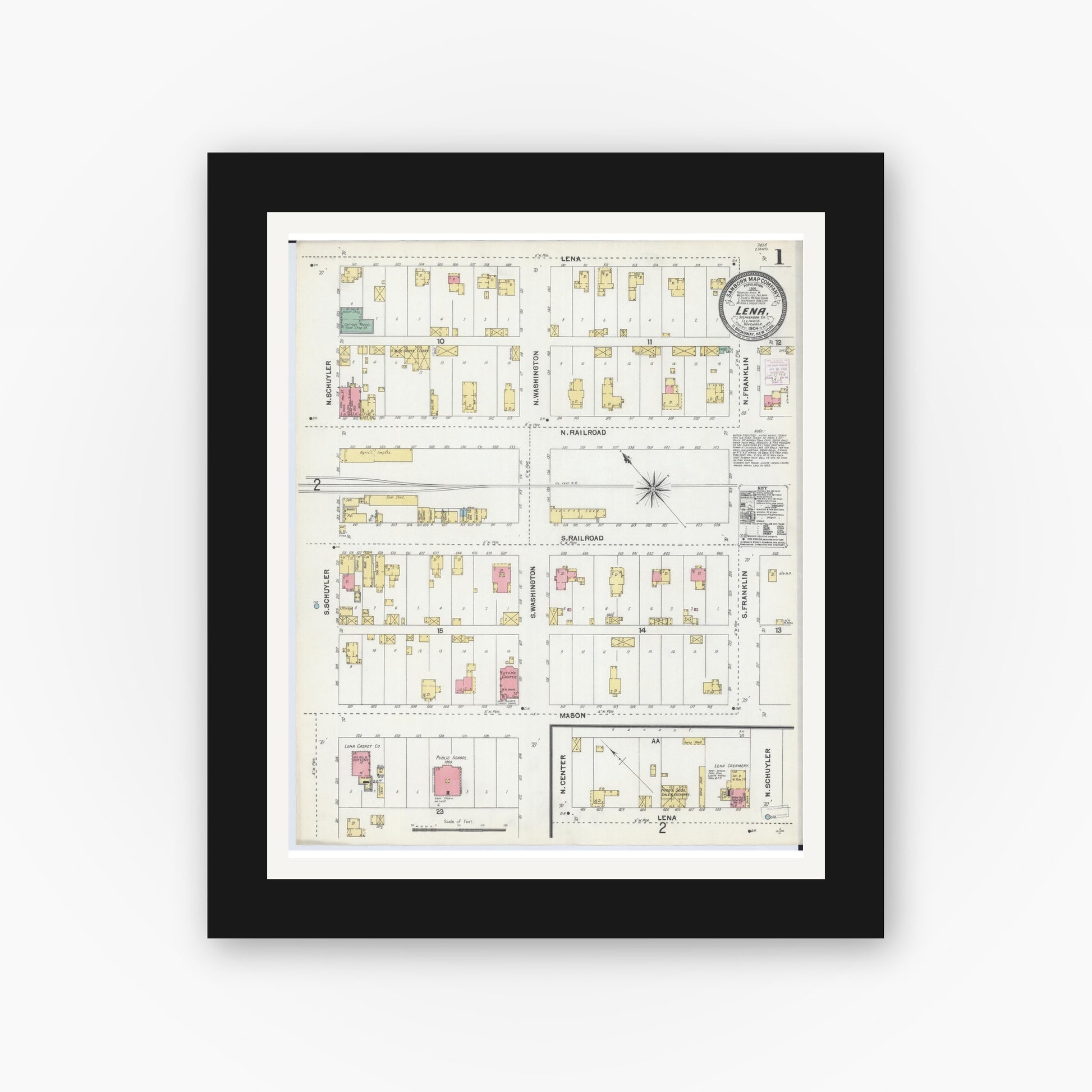 Old map wall art mockup — black gallery frame with white mat — Sanborn Fire Insurance Map from Lena, Stephenson County, Illinois (1904), Sheet #0001