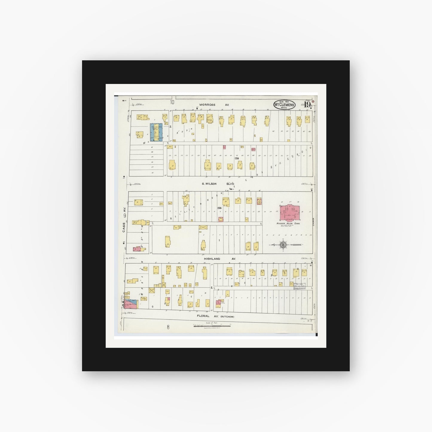 Old map wall art mockup — black gallery frame with white mat — Sanborn Fire Insurance Map from Mount Clemens, Macomb County, Michigan (1921), Sheet #0019