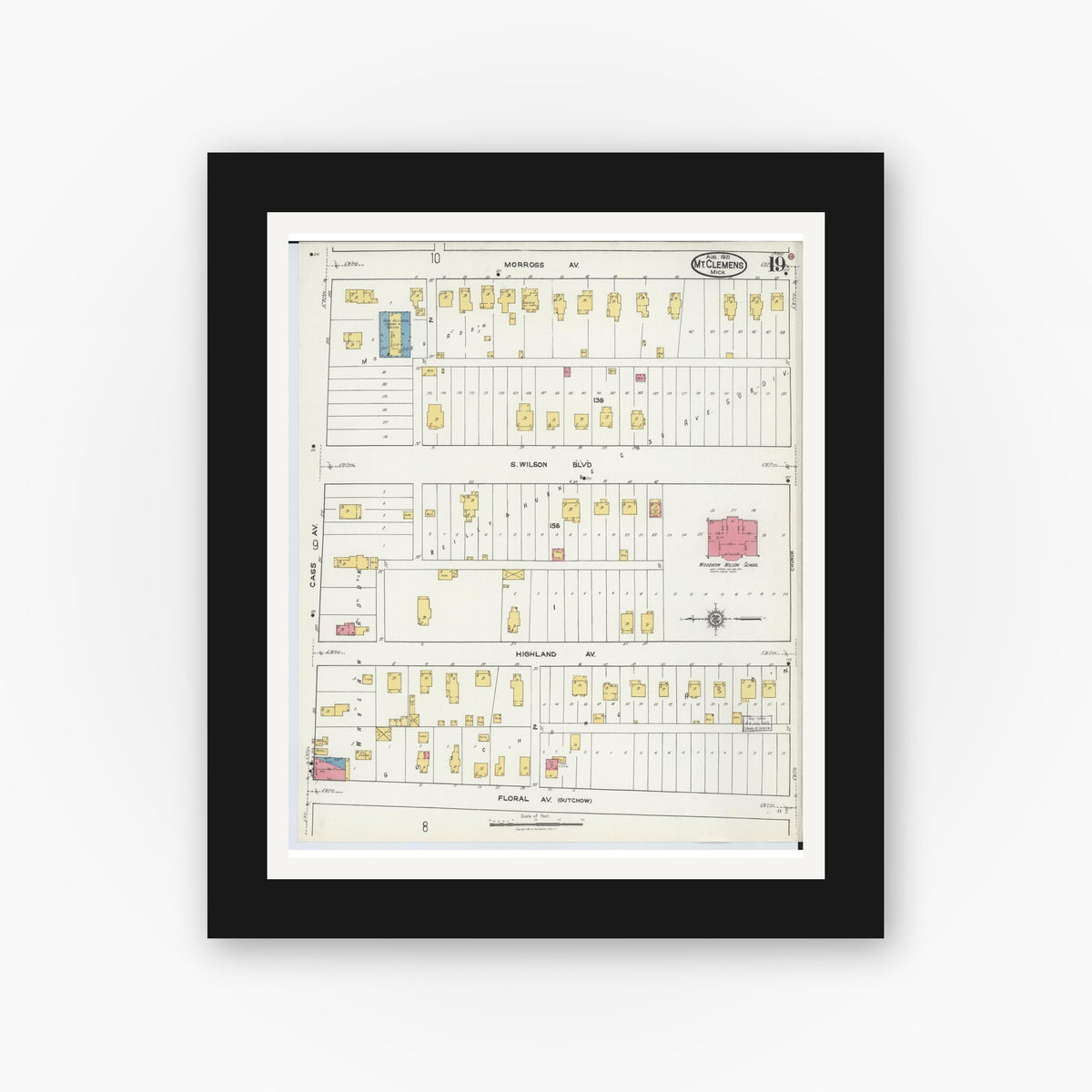 Old map wall art mockup — black gallery frame with white mat — Sanborn Fire Insurance Map from Mount Clemens, Macomb County, Michigan (1921), Sheet #0019