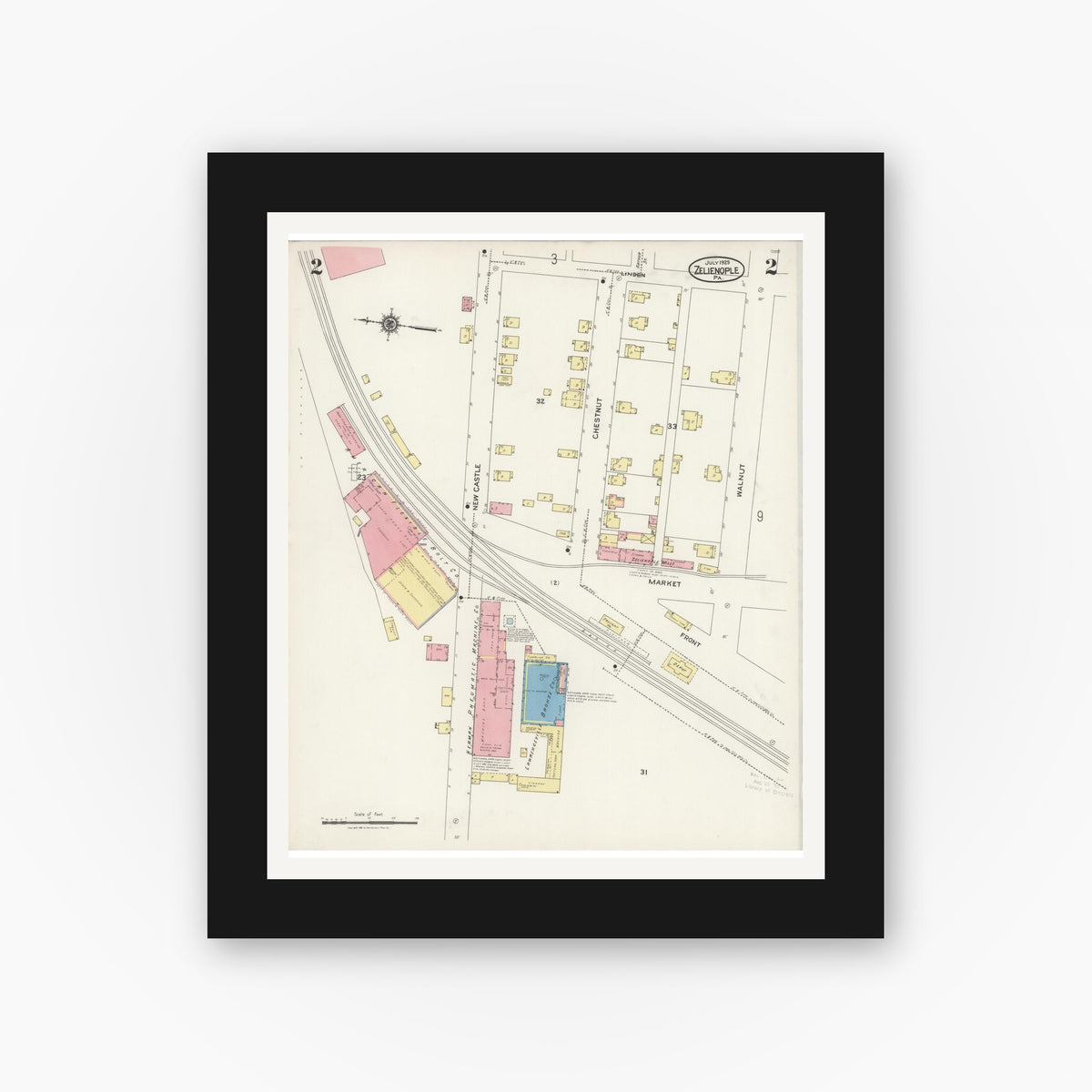 Old map wall art mockup — black gallery frame with white mat — Sanborn Fire Insurance Map from Zelienople, Butler County, Pennsylvania (1925), Sheet #0002