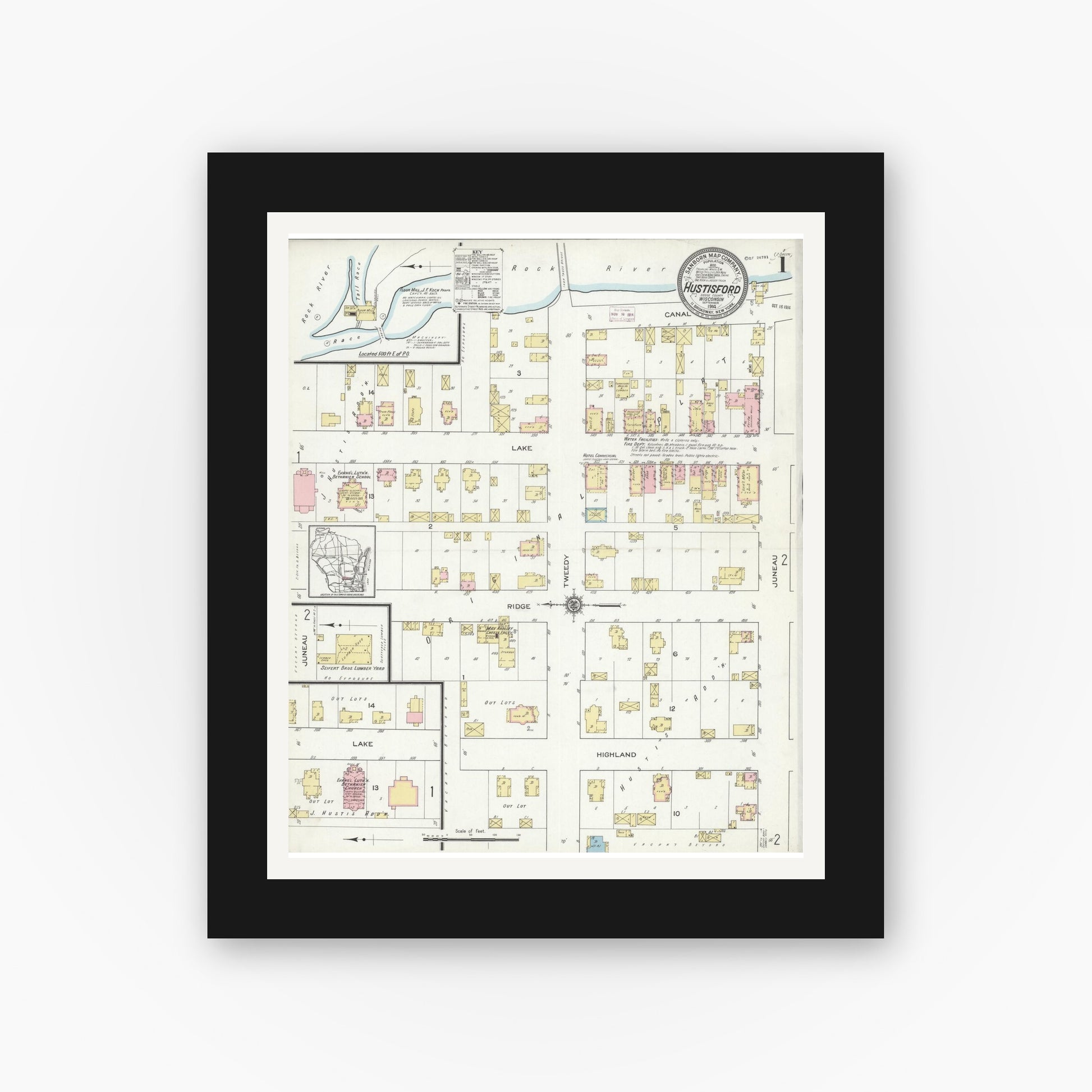 Old map wall art mockup — black gallery frame with white mat — Sanborn Fire Insurance Map from Hustisford, Dodge County, Wisconsin (1914), Sheet #0001