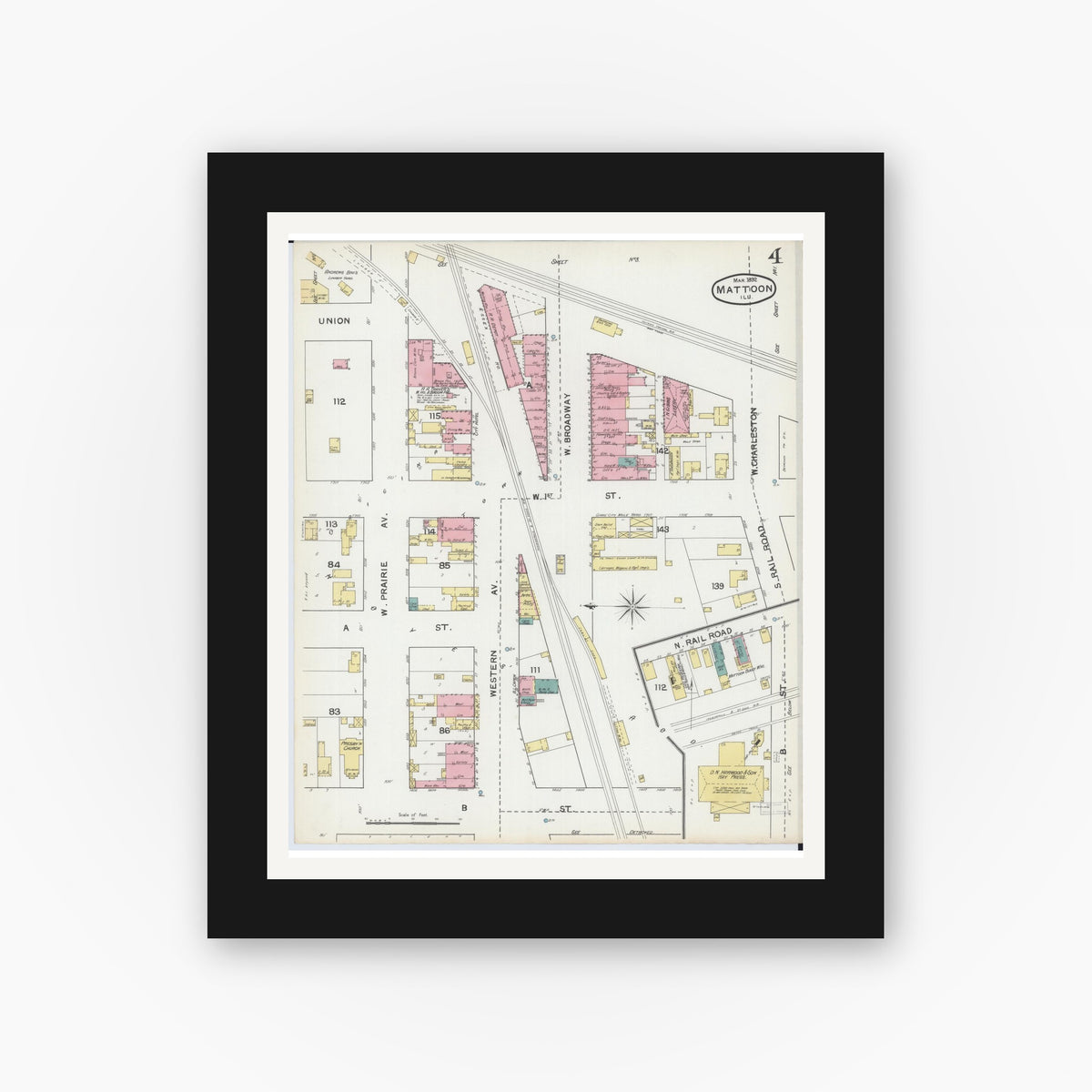 Old map wall art mockup — black gallery frame with white mat — Sanborn Fire Insurance Map from Mattoon, Coles County, Illinois (1892), Sheet #0004