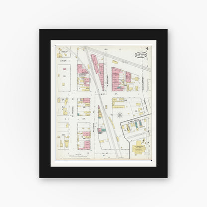 Old map wall art mockup — black gallery frame with white mat — Sanborn Fire Insurance Map from Mattoon, Coles County, Illinois (1892), Sheet #0004