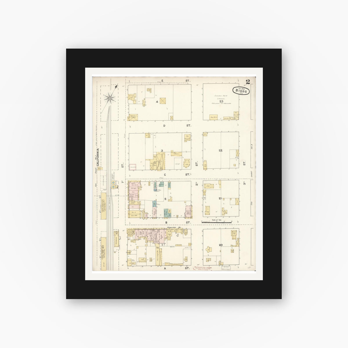 Old map wall art mockup — black gallery frame with white mat — Sanborn Fire Insurance Map from Biggs, Butte County, California (1890), Sheet #0002