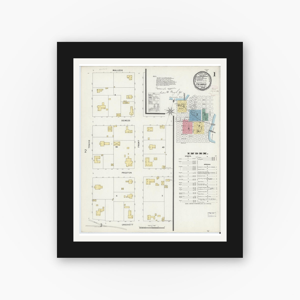 Old map wall art mockup — black gallery frame with white mat — Sanborn Fire Insurance Map from Columbus, Colorado County, Texas (1896) - Complete Map Set
