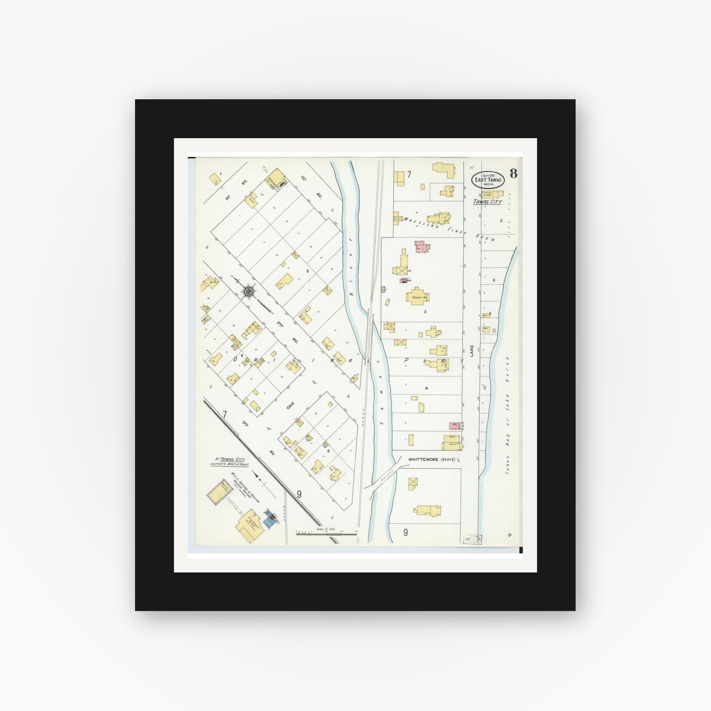 Old map wall art mockup — black gallery frame with white mat — Sanborn Fire Insurance Map from East Tawas, Iosco County, Michigan (1910), Sheet #0008