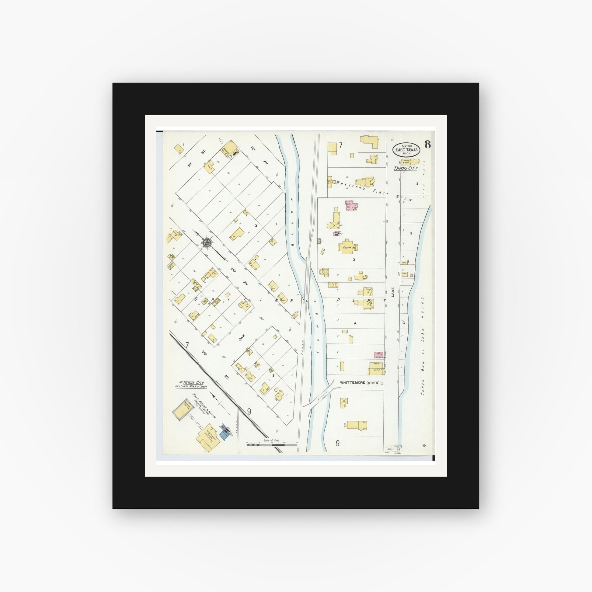 Old map wall art mockup — black gallery frame with white mat — Sanborn Fire Insurance Map from East Tawas, Iosco County, Michigan (1910), Sheet #0008