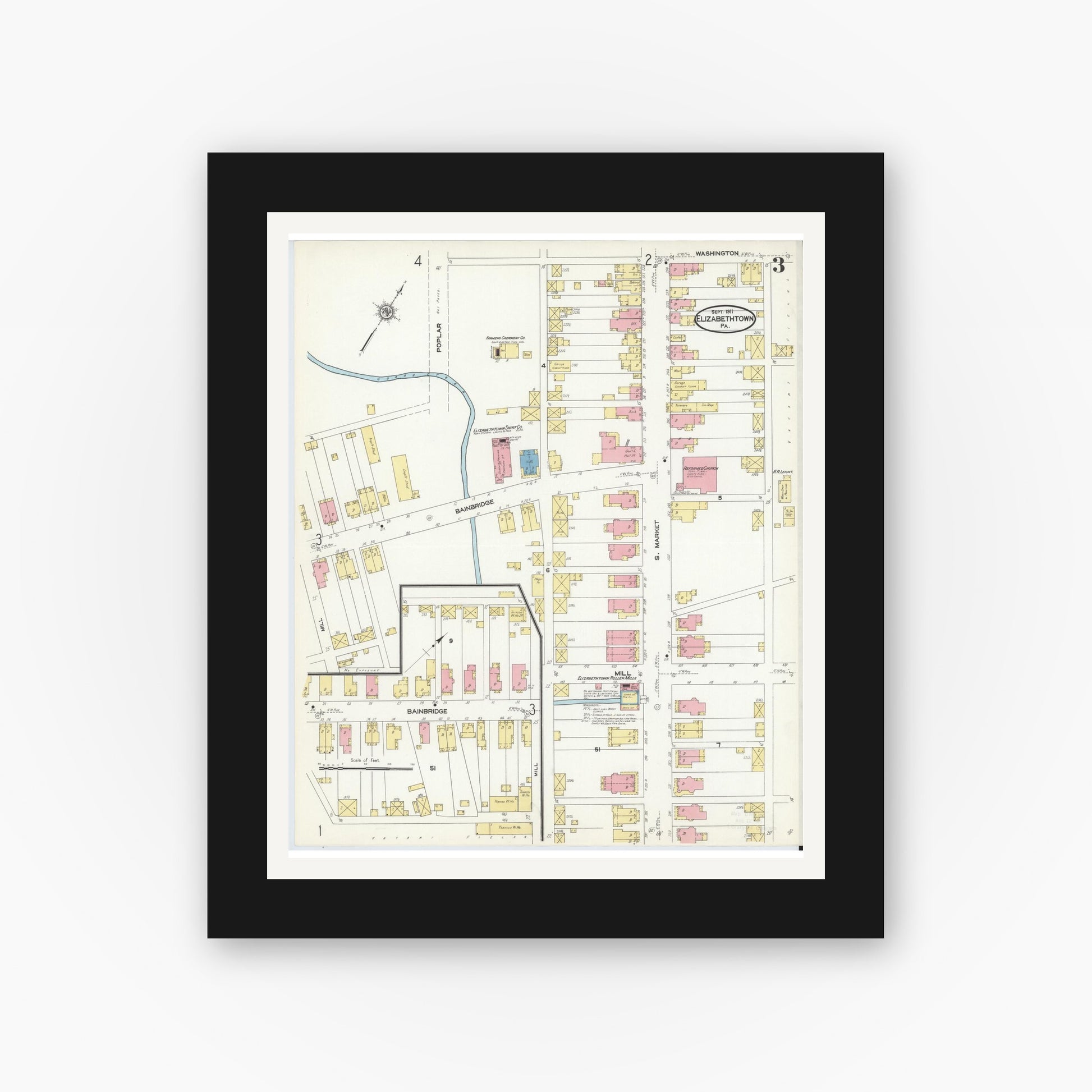 Old map wall art mockup — black gallery frame with white mat — Sanborn Fire Insurance Map from Elizabethtown, Lancaster County, Pennsylvania (1911), Sheet #0003