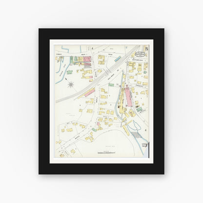 Old map wall art mockup — black gallery frame with white mat — Sanborn Fire Insurance Map from Warren, Worcester County, Massachusetts (1896), Sheet #0005