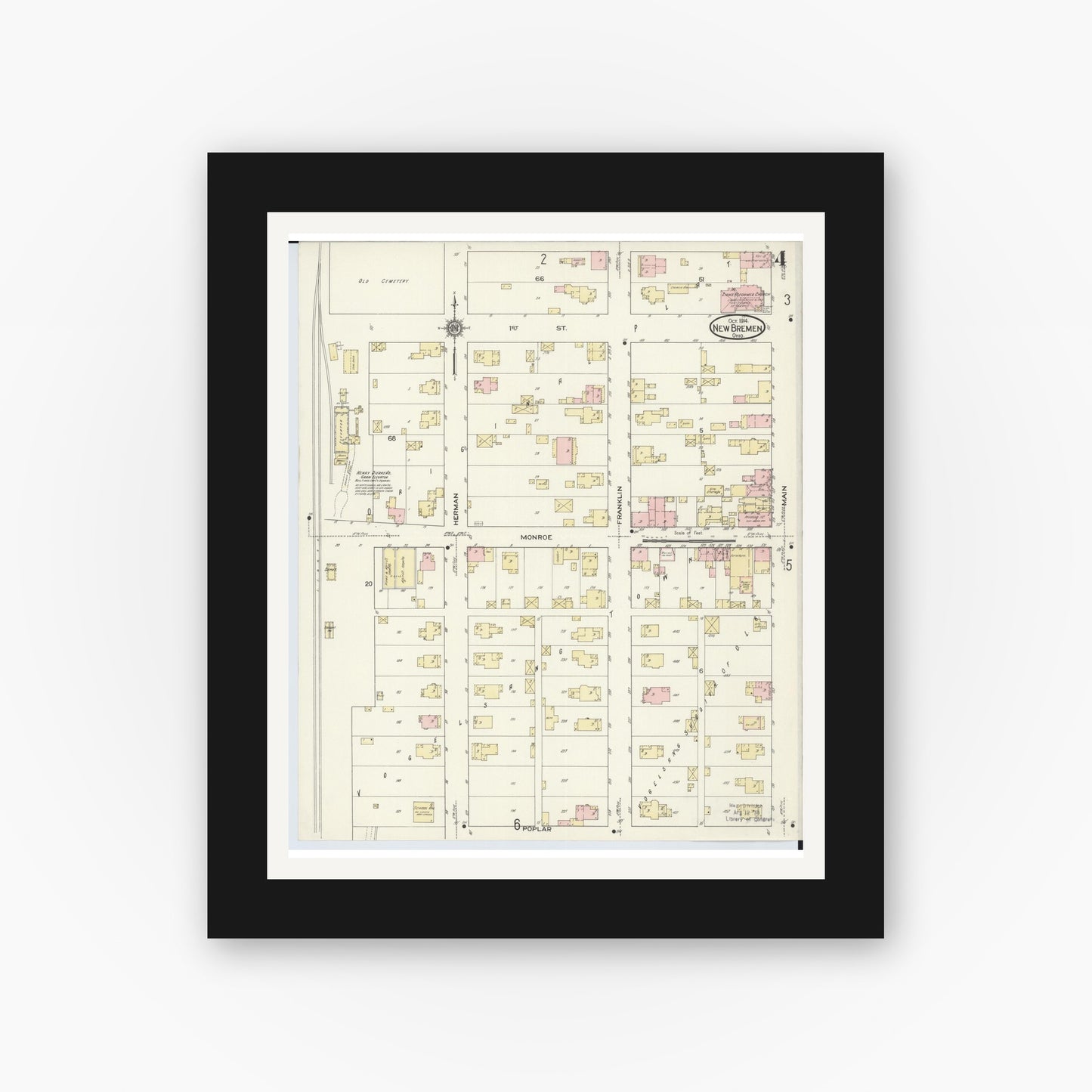 Old map wall art mockup — black gallery frame with white mat — Sanborn Fire Insurance Map from New Bremen, Auglaize County, Ohio (1914), Sheet #0004