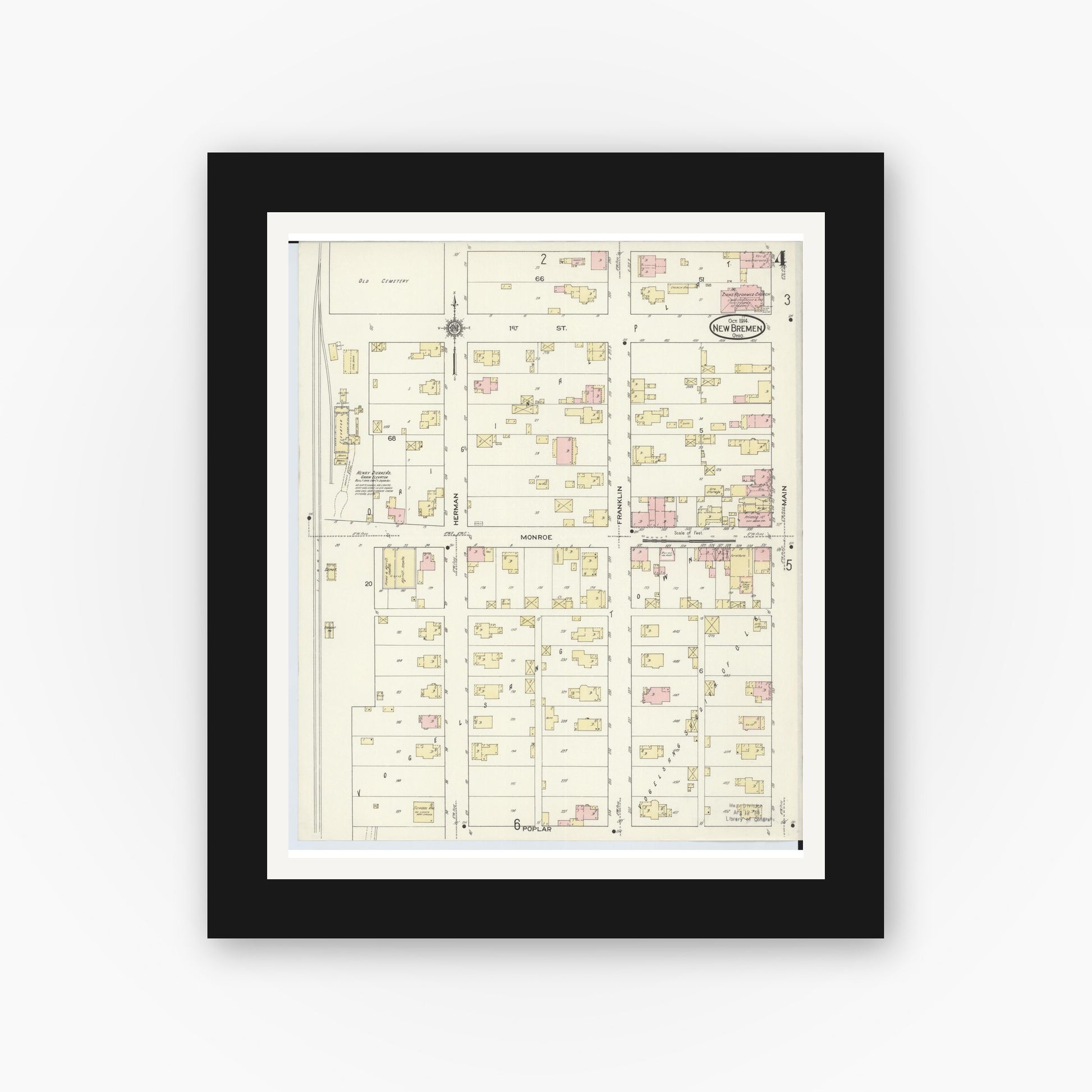 Old map wall art mockup — black gallery frame with white mat — Sanborn Fire Insurance Map from New Bremen, Auglaize County, Ohio (1914), Sheet #0004