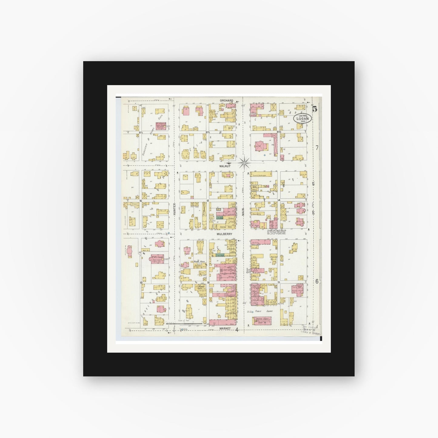 Old map wall art mockup — black gallery frame with white mat — Sanborn Fire Insurance Map from Logan, Hocking County, Ohio (1900), Sheet #0005