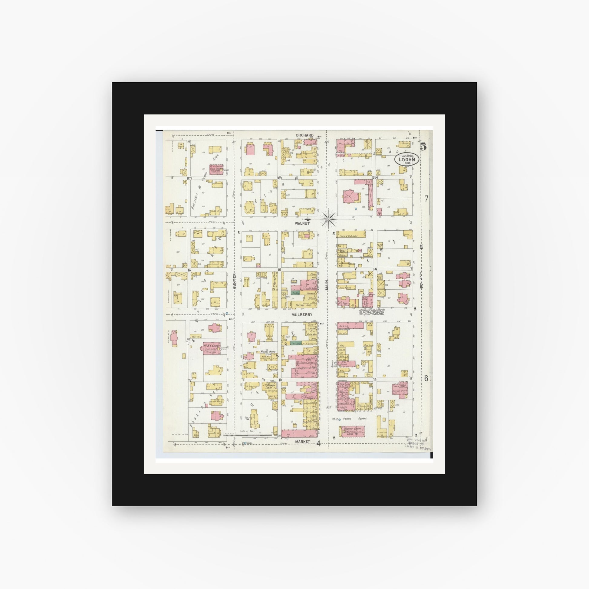 Old map wall art mockup — black gallery frame with white mat — Sanborn Fire Insurance Map from Logan, Hocking County, Ohio (1900), Sheet #0005