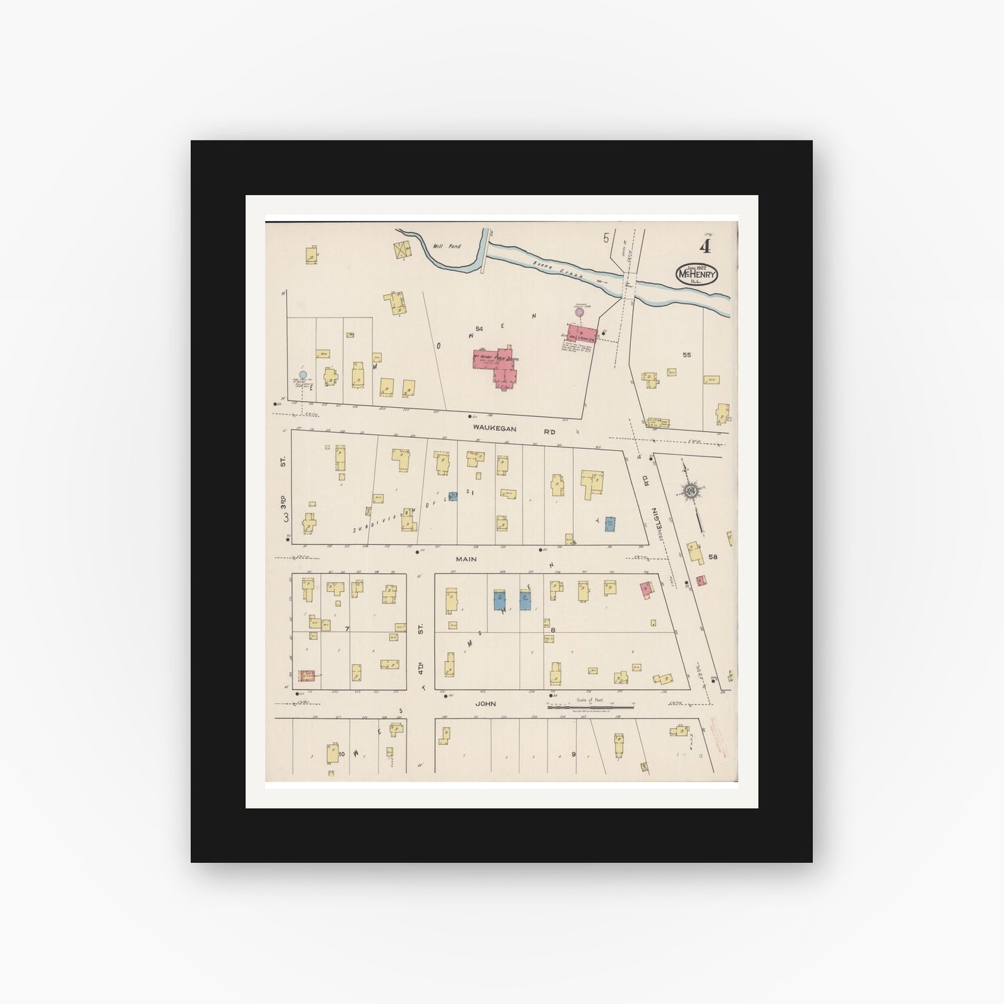 Old map wall art mockup — black gallery frame with white mat — Sanborn Fire Insurance Map from McHenry, McHenry County, Illinois (1922), Sheet #0004