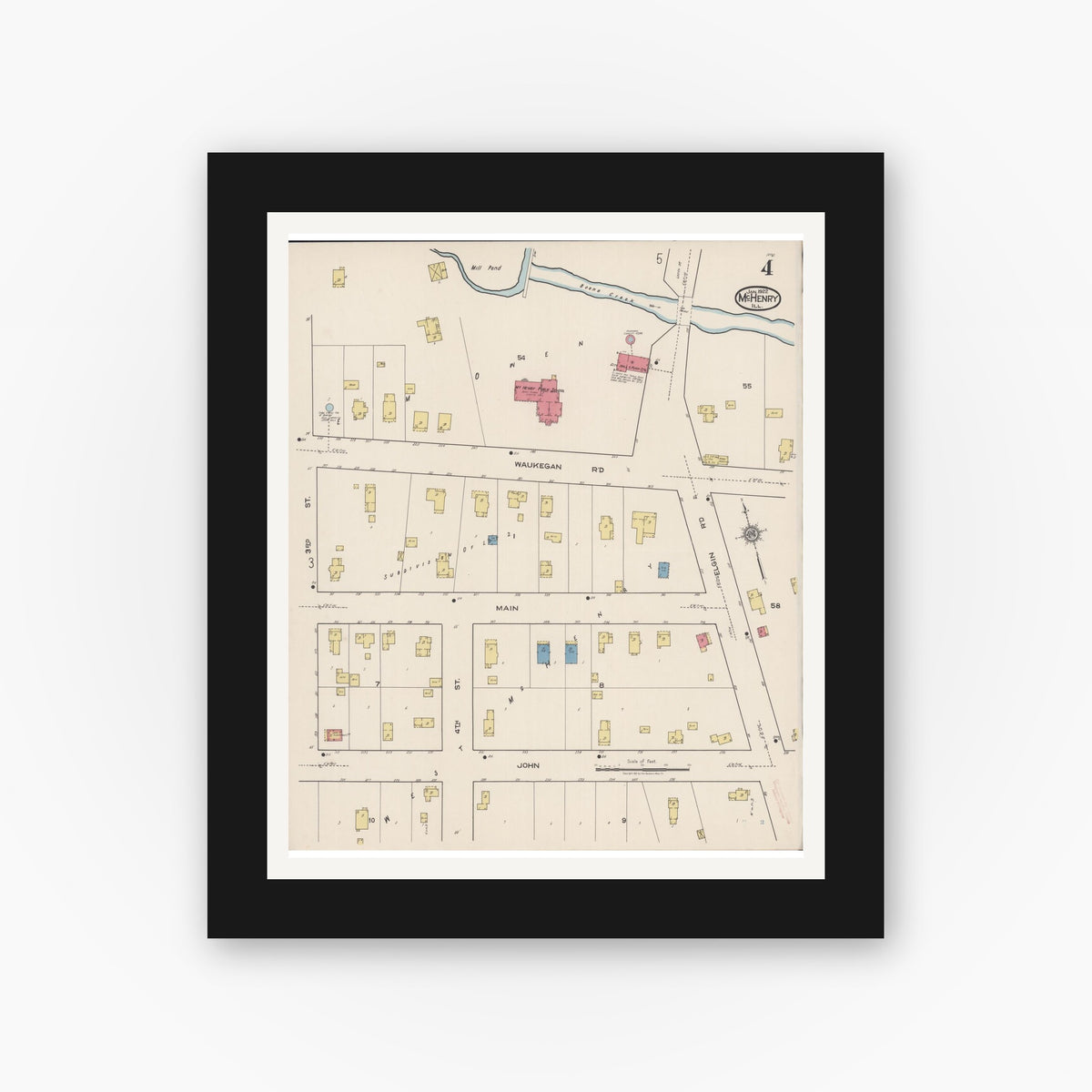 Old map wall art mockup — black gallery frame with white mat — Sanborn Fire Insurance Map from McHenry, McHenry County, Illinois (1922), Sheet #0004