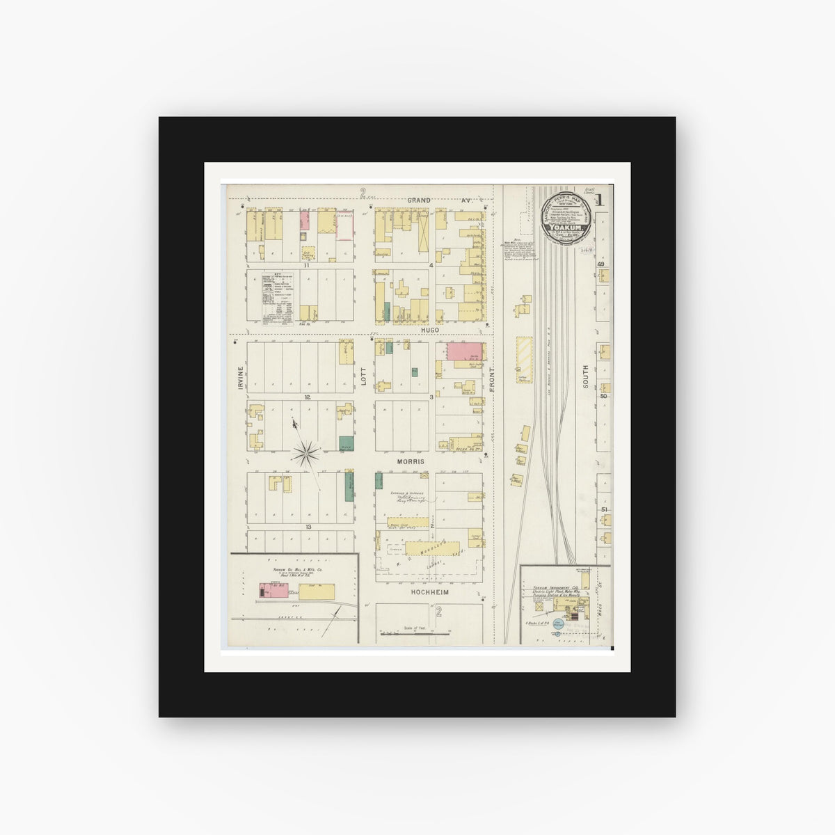 Old map wall art mockup — black gallery frame with white mat — Sanborn Fire Insurance Map from Yoakum, De Witt And Lavaca Counties, Texas (1894) - Complete Map Set