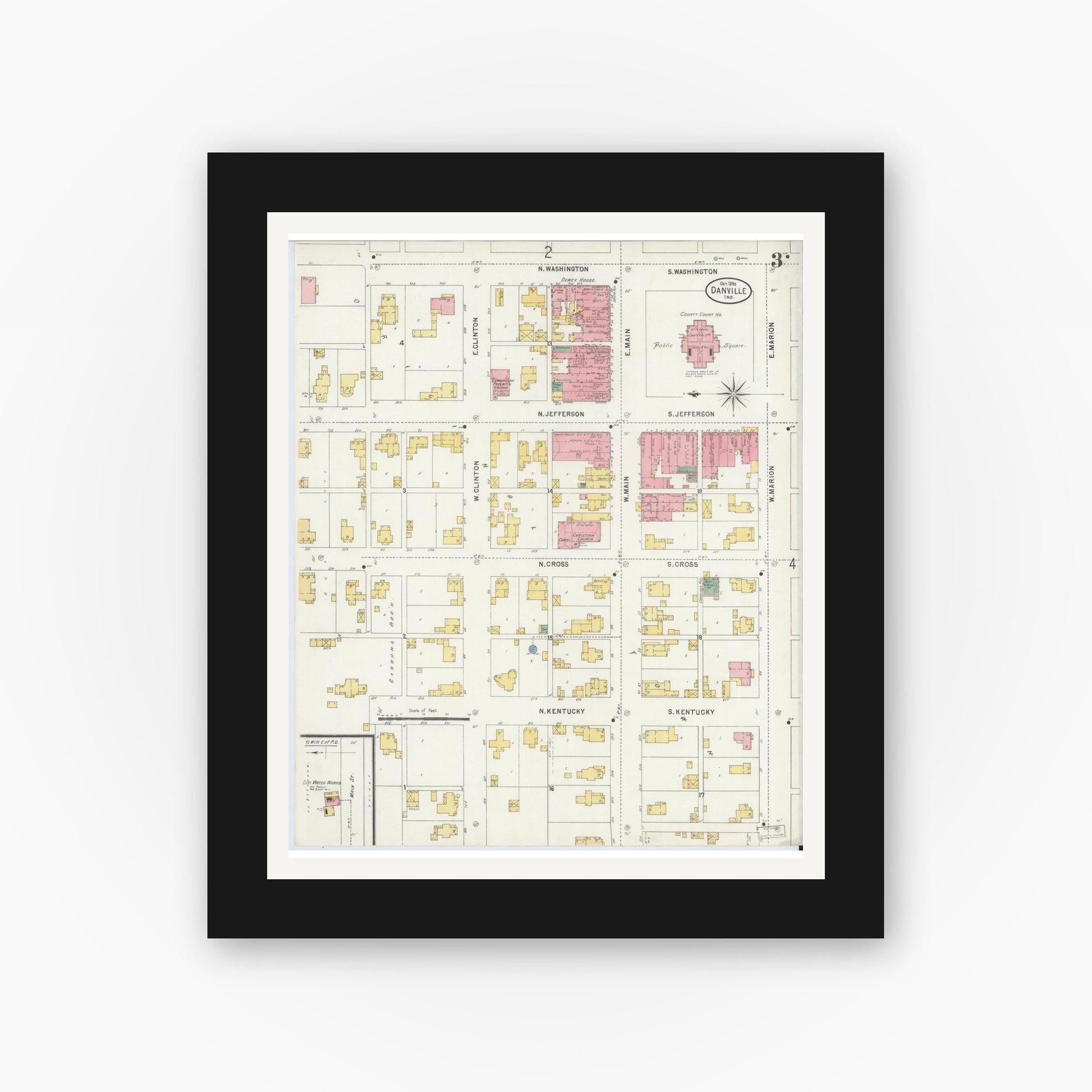 Old map wall art mockup — black gallery frame with white mat — Sanborn Fire Insurance Map from Danville, Hendricks County, Indiana (1898), Sheet #0003