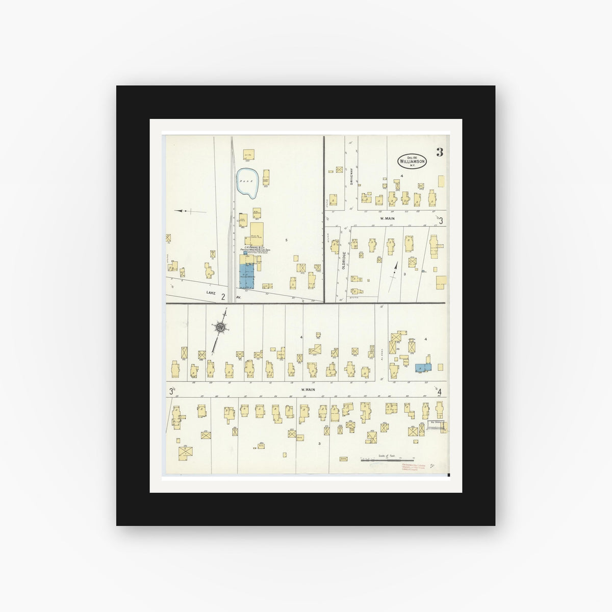 Old map wall art mockup — black gallery frame with white mat — Sanborn Fire Insurance Map from Williamson, Wayne County, New York (1911), Sheet #0003
