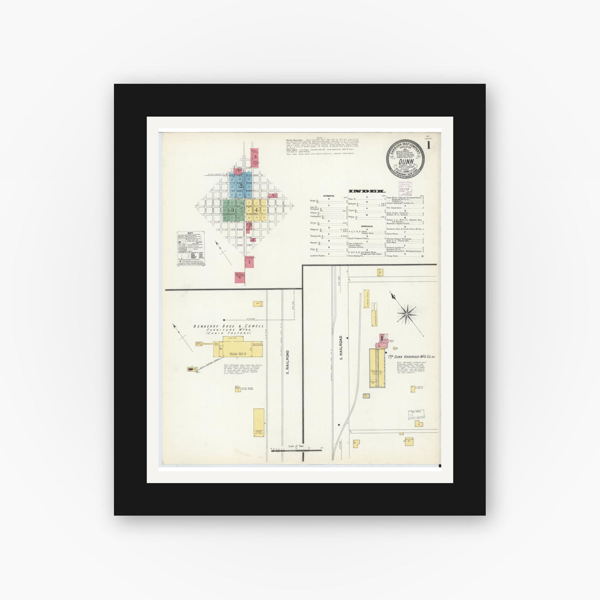 Old map wall art mockup — black gallery frame with white mat — Sanborn Fire Insurance Map from Dunn, Harnett County, North Carolina (1908), Sheet #0001