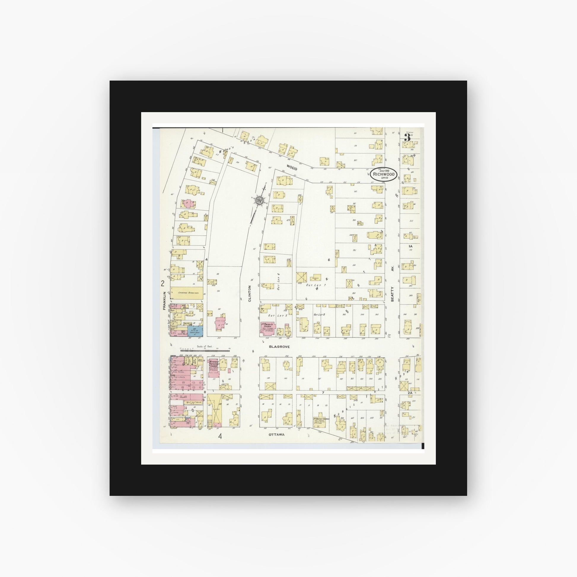 Old map wall art mockup — black gallery frame with white mat — Sanborn Fire Insurance Map from Richwood, Union County, Ohio (1910), Sheet #0003
