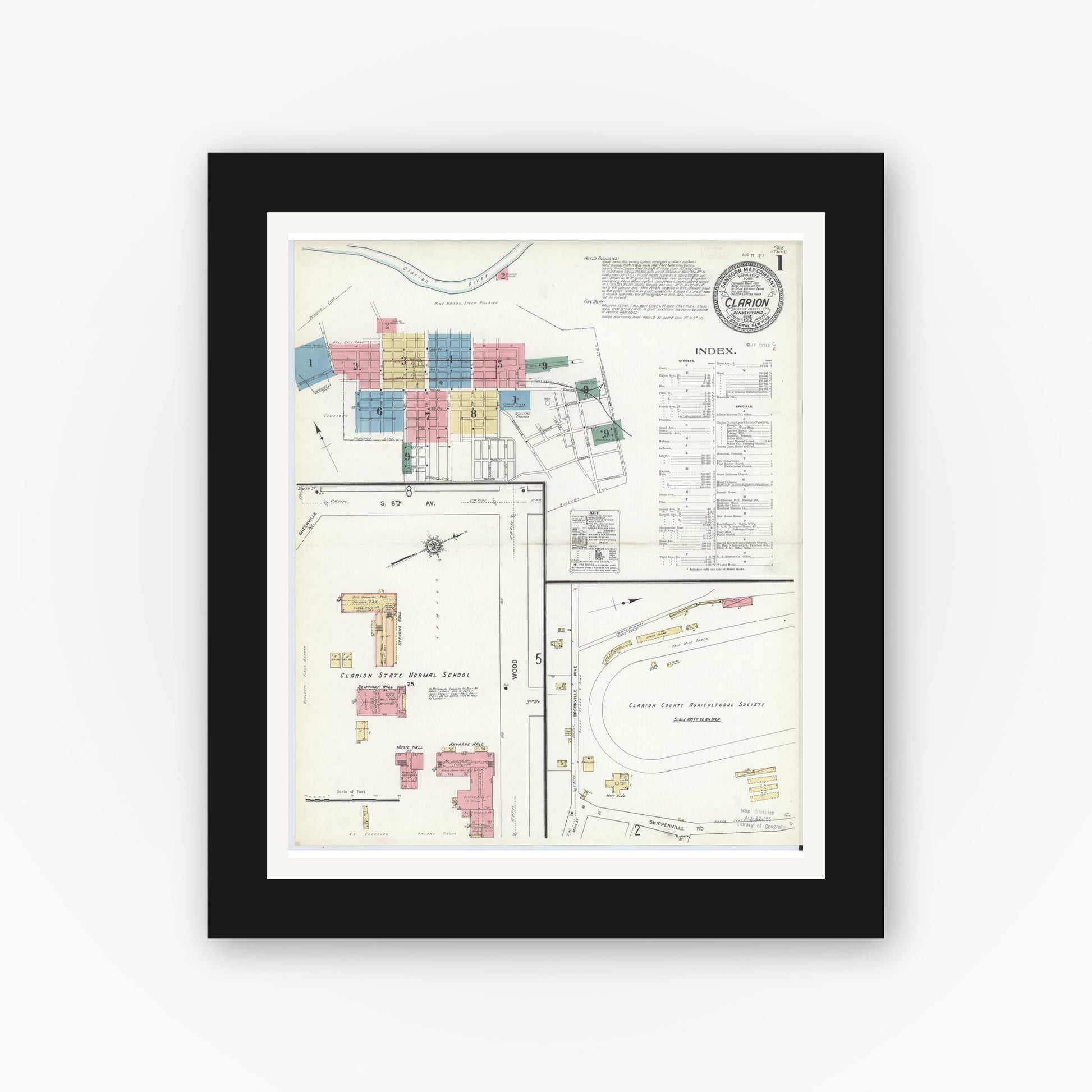 Old map wall art mockup — black gallery frame with white mat — Sanborn Fire Insurance Map from Clarion, Clarion County, Pennsylvania (1912) - Complete Map Set