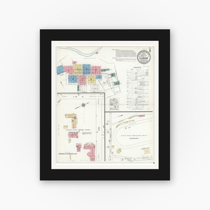 Old map wall art mockup — black gallery frame with white mat — Sanborn Fire Insurance Map from Clarion, Clarion County, Pennsylvania (1912) - Complete Map Set