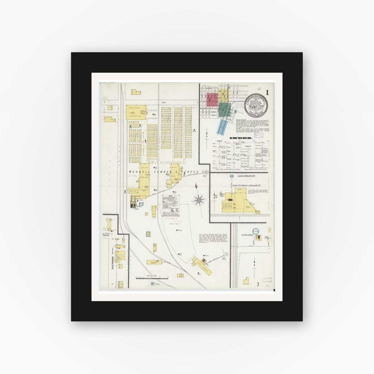 Old map wall art mockup — black gallery frame with white mat — Sanborn Fire Insurance Map from Plant City, Hillborough County, Florida (1909) - Complete Map Set