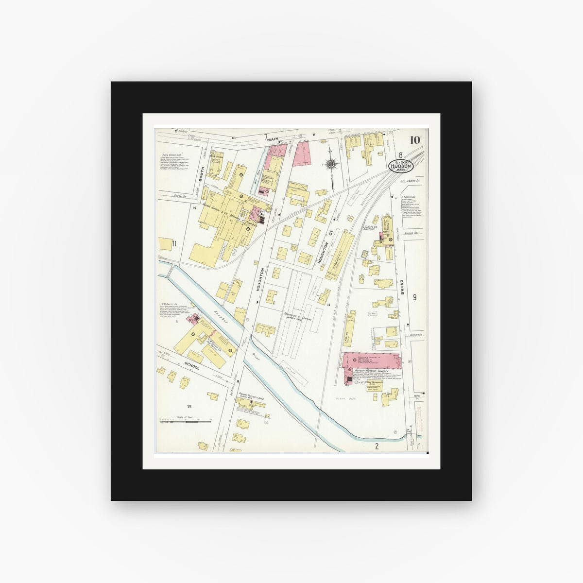 Old map wall art mockup — black gallery frame with white mat — Sanborn Fire Insurance Map from Hudson, Middlesex County, Massachusetts (1909), Sheet #0010