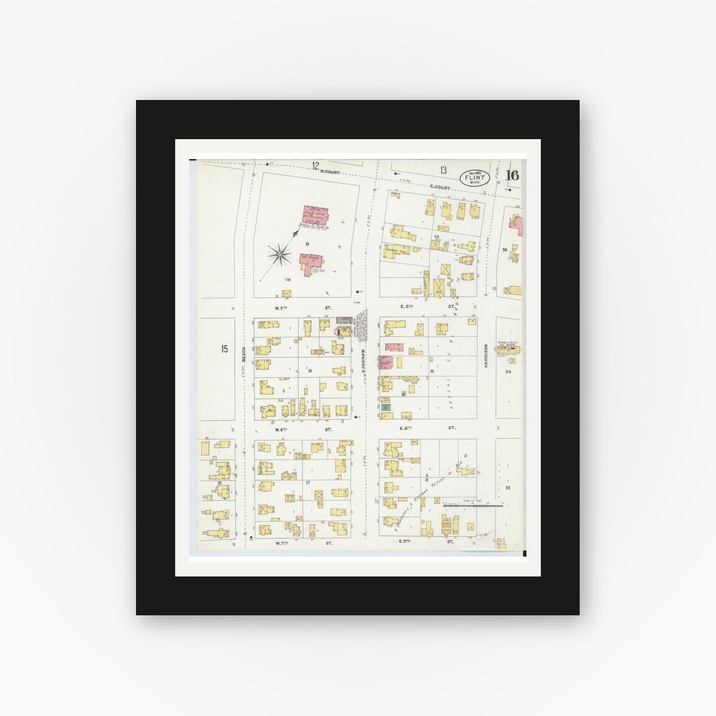 Old map wall art mockup — black gallery frame with white mat — Sanborn Fire Insurance Map from Flint, Genesee County, Michigan (1902), Sheet #0016
