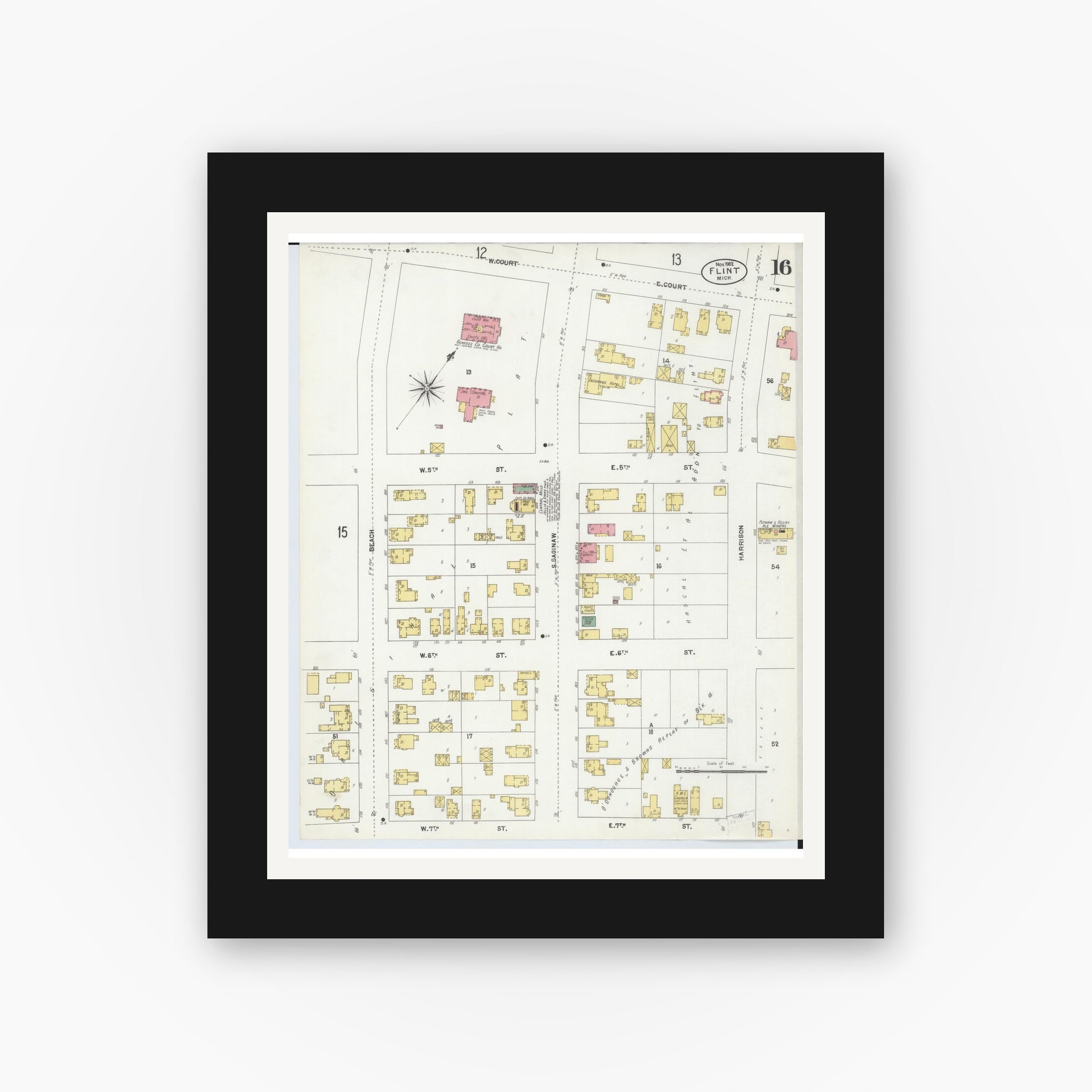 Old map wall art mockup — black gallery frame with white mat — Sanborn Fire Insurance Map from Flint, Genesee County, Michigan (1902), Sheet #0016