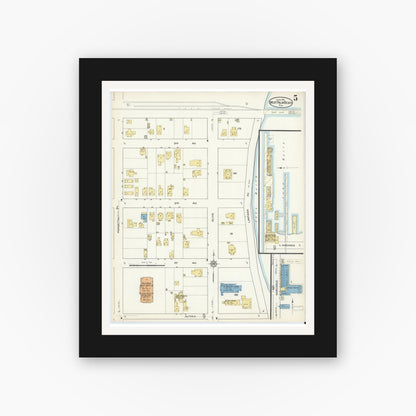 Old map wall art mockup — black gallery frame with white mat — Sanborn Fire Insurance Map from West Palm Beach, Dade County, Florida (1915), Sheet #0005
