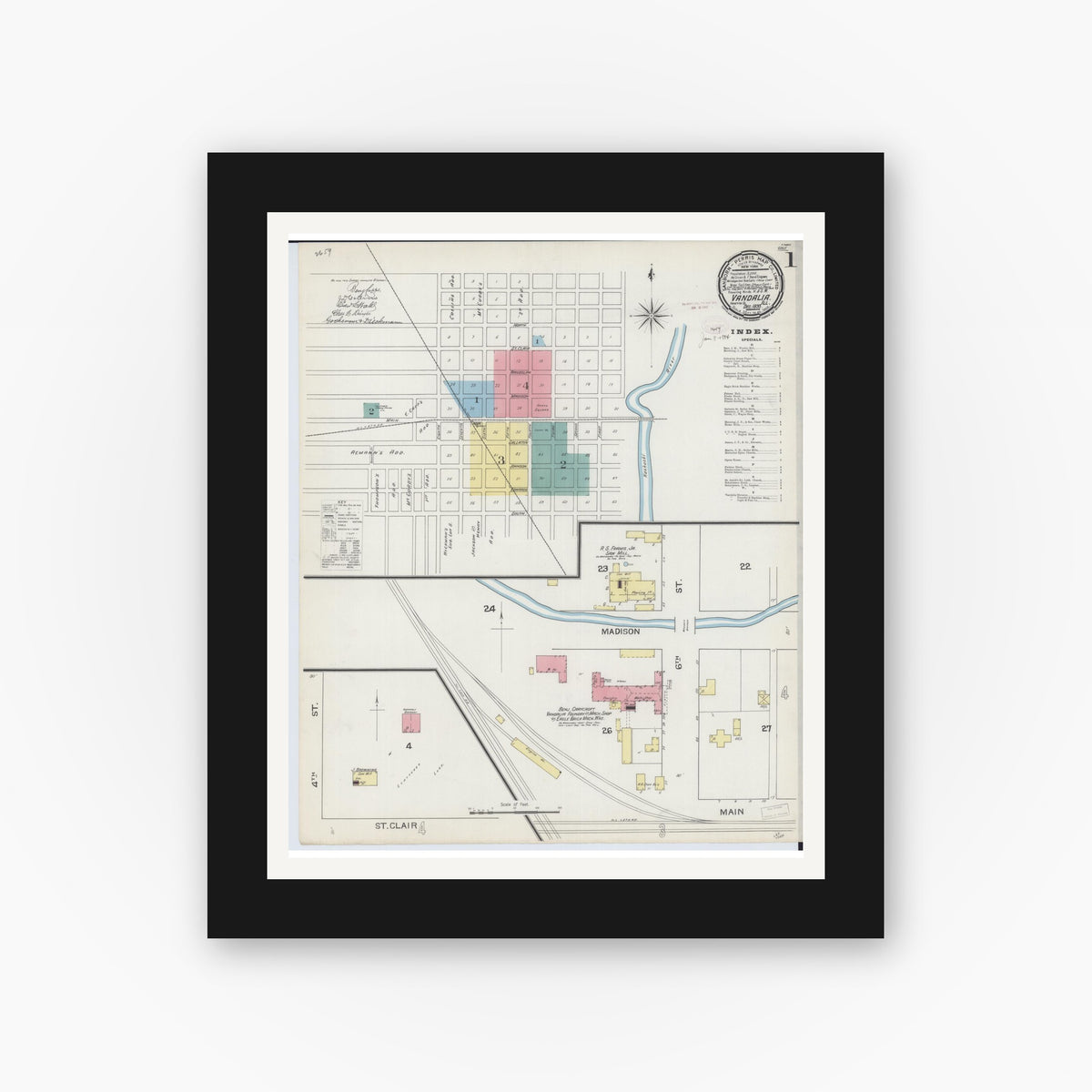 Old map wall art mockup — black gallery frame with white mat — Sanborn Fire Insurance Map from Vandalia, Fayette County, Illinois (1893) - Complete Map Set