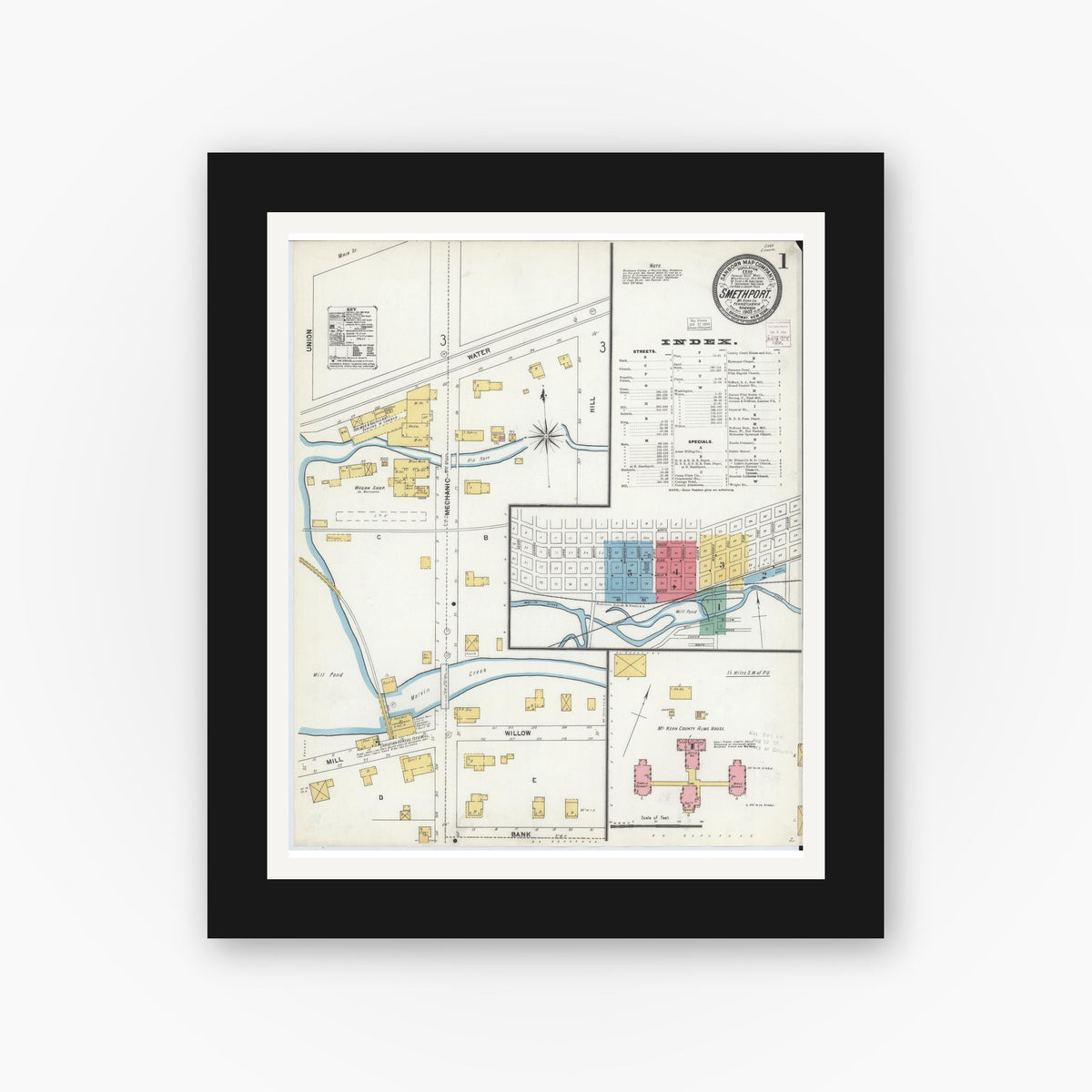 Old map wall art mockup — black gallery frame with white mat — Sanborn Fire Insurance Map from Smethport, McKean County, Pennsylvania (1903) - Complete Map Set