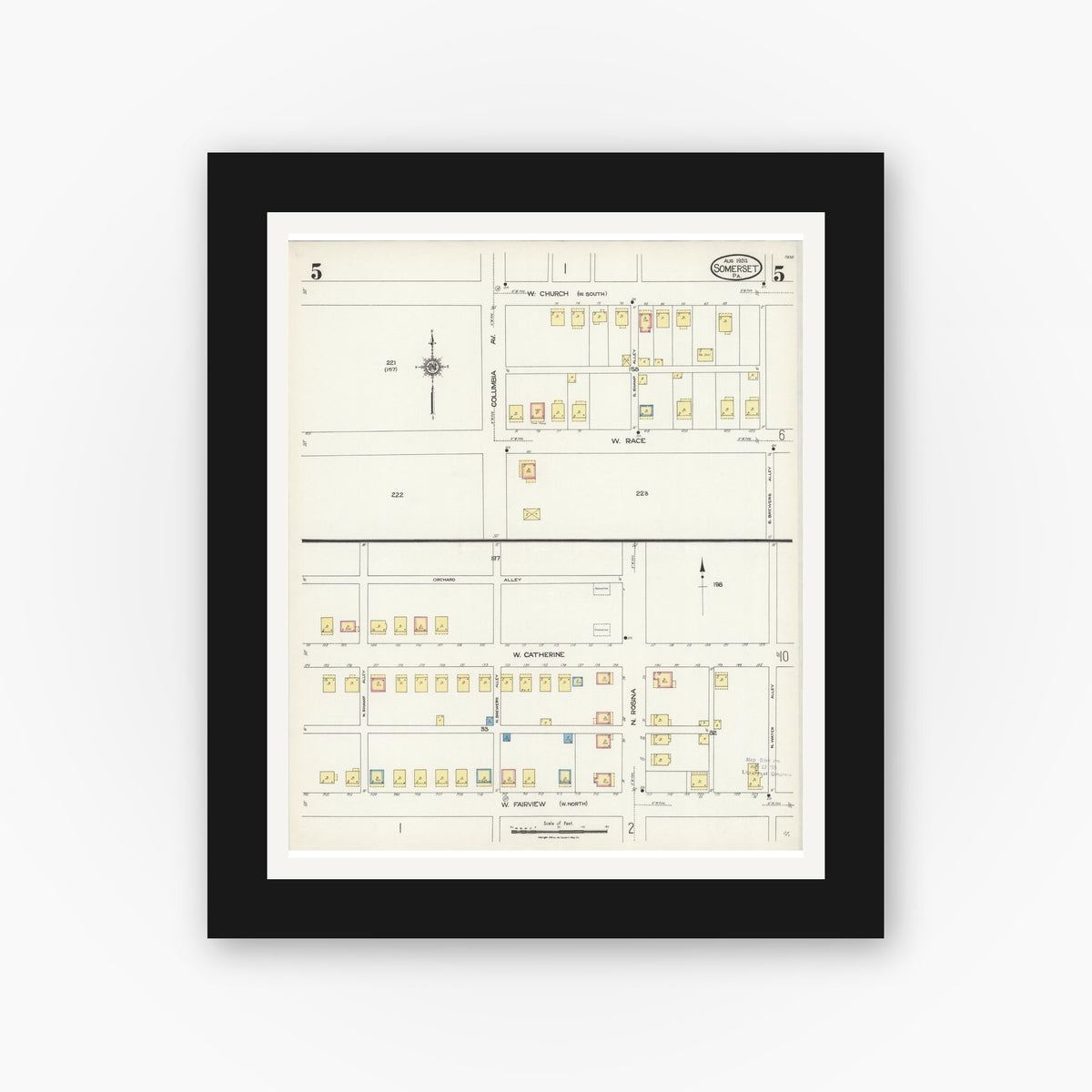 Old map wall art mockup — black gallery frame with white mat — Sanborn Fire Insurance Map from Somerset, Somerset County, Pennsylvania (1924), Sheet #0005