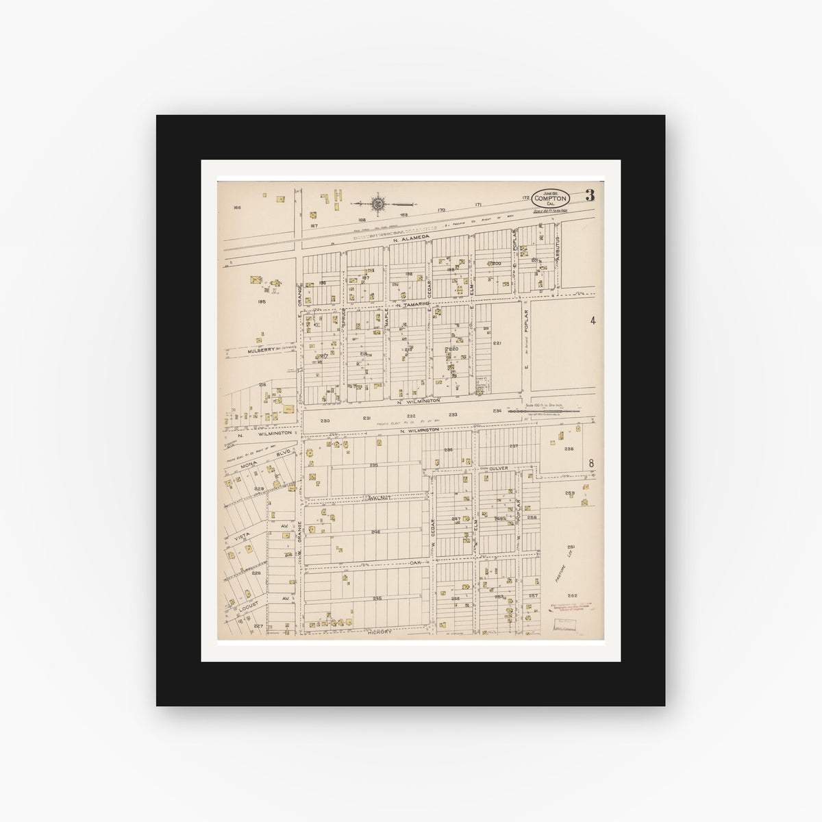 Old map wall art mockup — black gallery frame with white mat — Sanborn Fire Insurance Map from Compton, Los Angeles County, California (1922), Sheet #0003