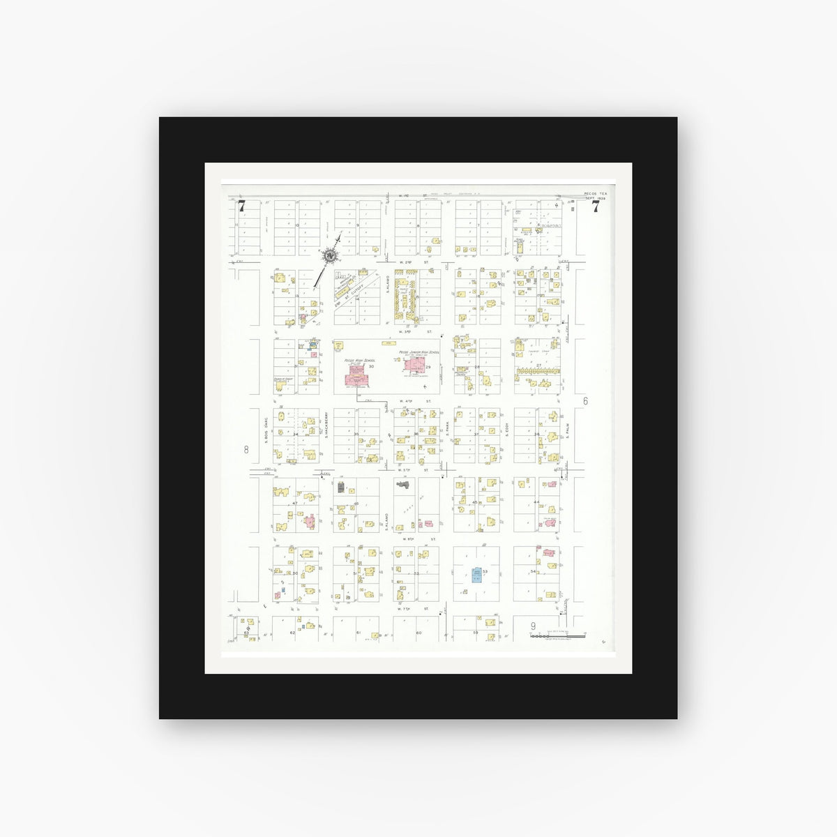 Old map wall art mockup — black gallery frame with white mat — Sanborn Fire Insurance Map from Pecos, Reeves County, Texas (1939), Sheet #0007