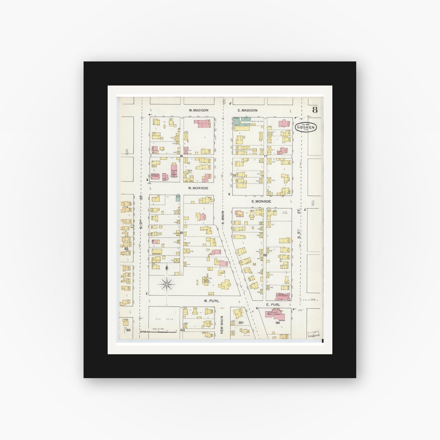 Old map wall art mockup — black gallery frame with white mat — Sanborn Fire Insurance Map from Goshen, Elkhart County, Indiana (1892), Sheet #0008