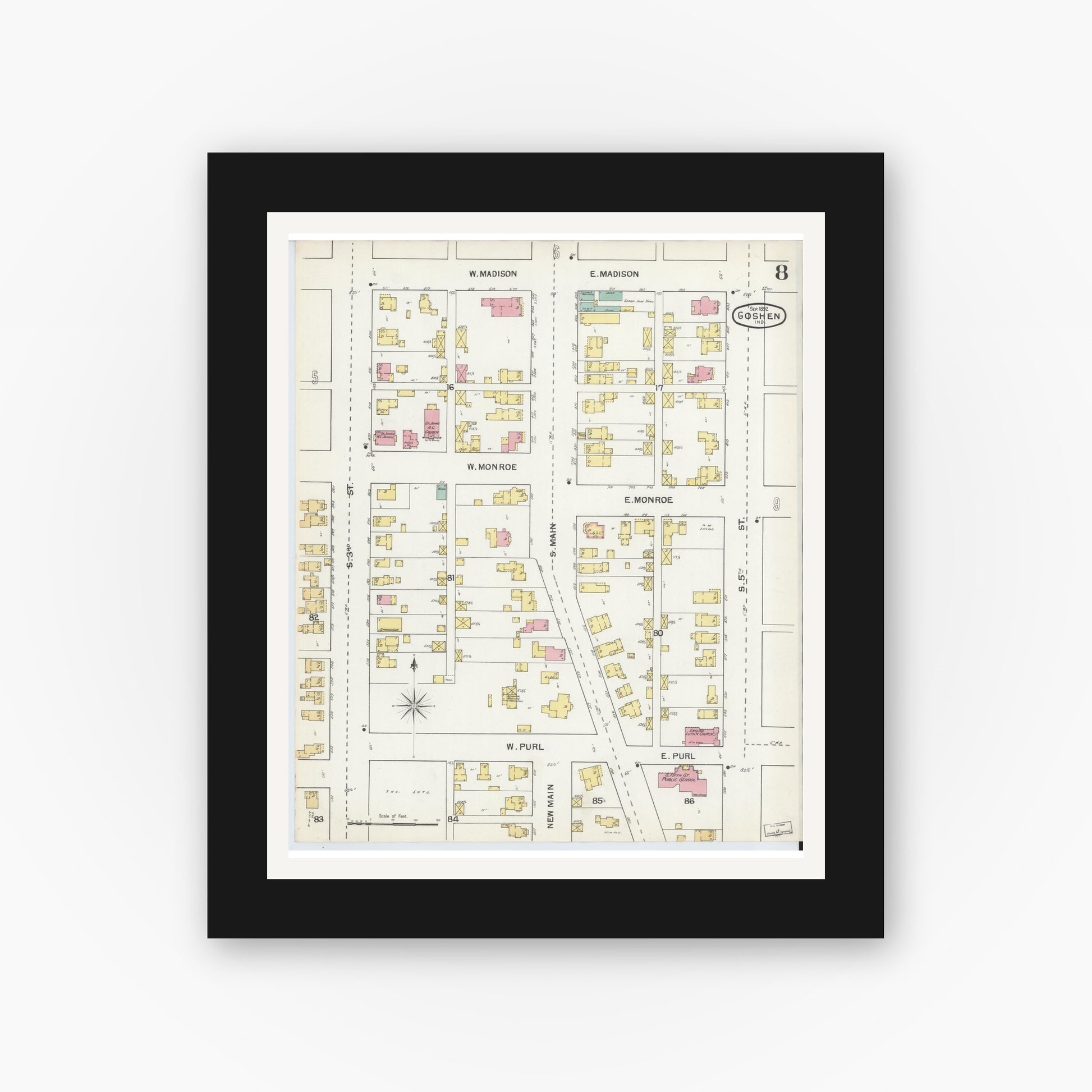 Old map wall art mockup — black gallery frame with white mat — Sanborn Fire Insurance Map from Goshen, Elkhart County, Indiana (1892), Sheet #0008