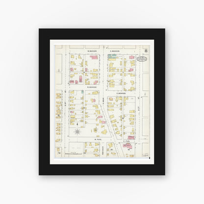 Old map wall art mockup — black gallery frame with white mat — Sanborn Fire Insurance Map from Goshen, Elkhart County, Indiana (1892), Sheet #0008