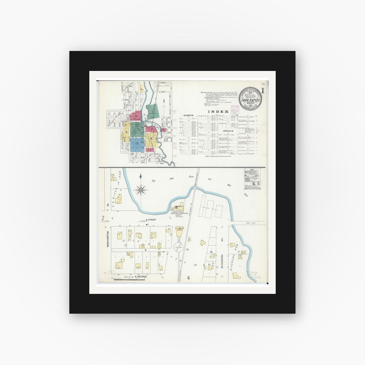 Old map wall art mockup — black gallery frame with white mat — Sanborn Fire Insurance Map from Park Rapids, Hubbard County, Minnesota (1907) - Complete Map Set