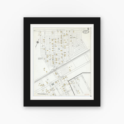Old map wall art mockup — black gallery frame with white mat — Sanborn Fire Insurance Map from Westville, Gloucester County, New Jersey (1919), Sheet #0009