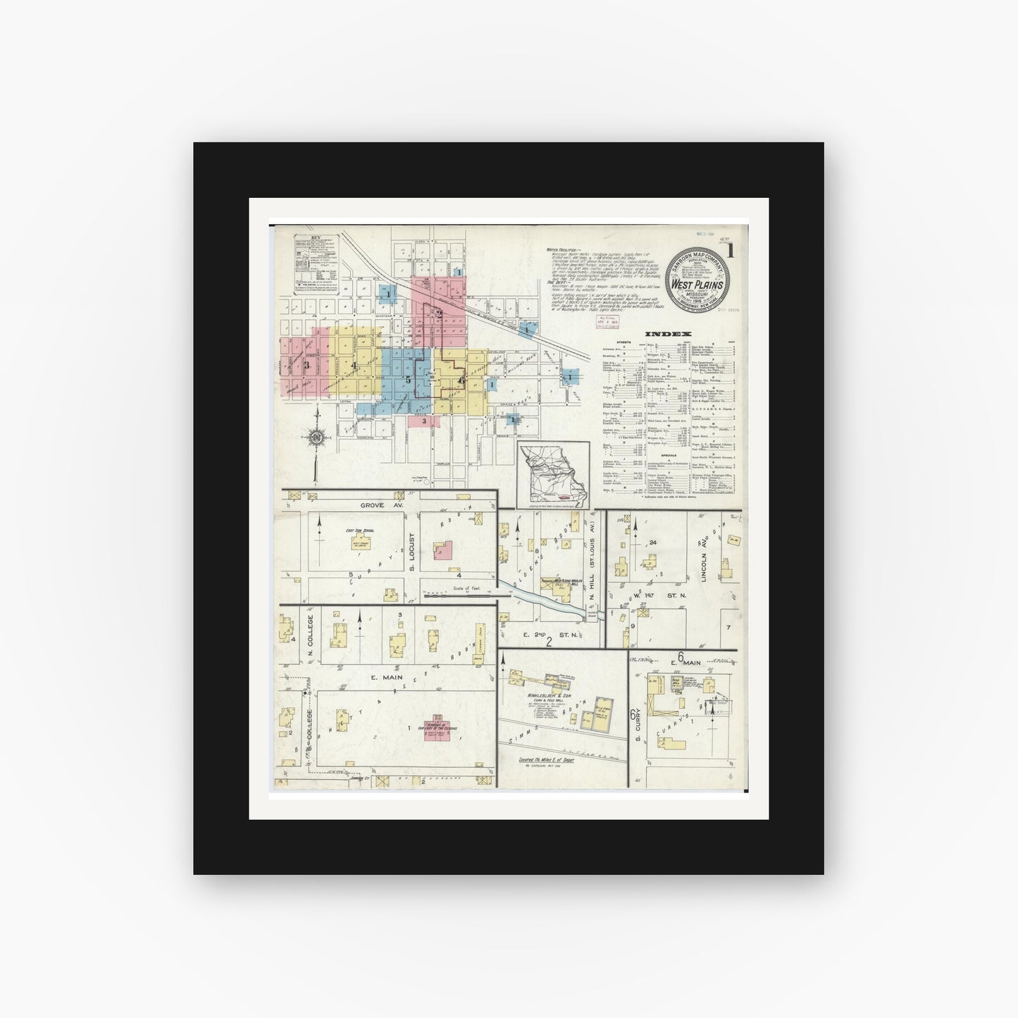 Old map wall art mockup — black gallery frame with white mat — Sanborn Fire Insurance Map from West Plains, Howell County, Missouri (1914) - Complete Map Set